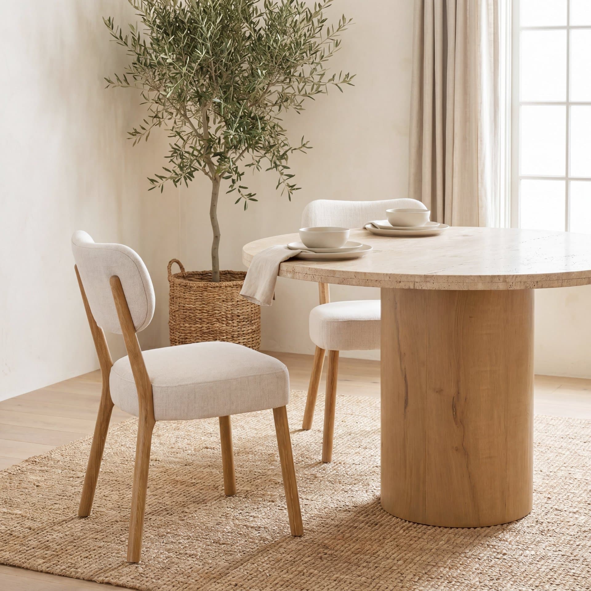 Owen Curved Back Dining Side Chair | Beige Fabric w/ Brown Wood — product photograph