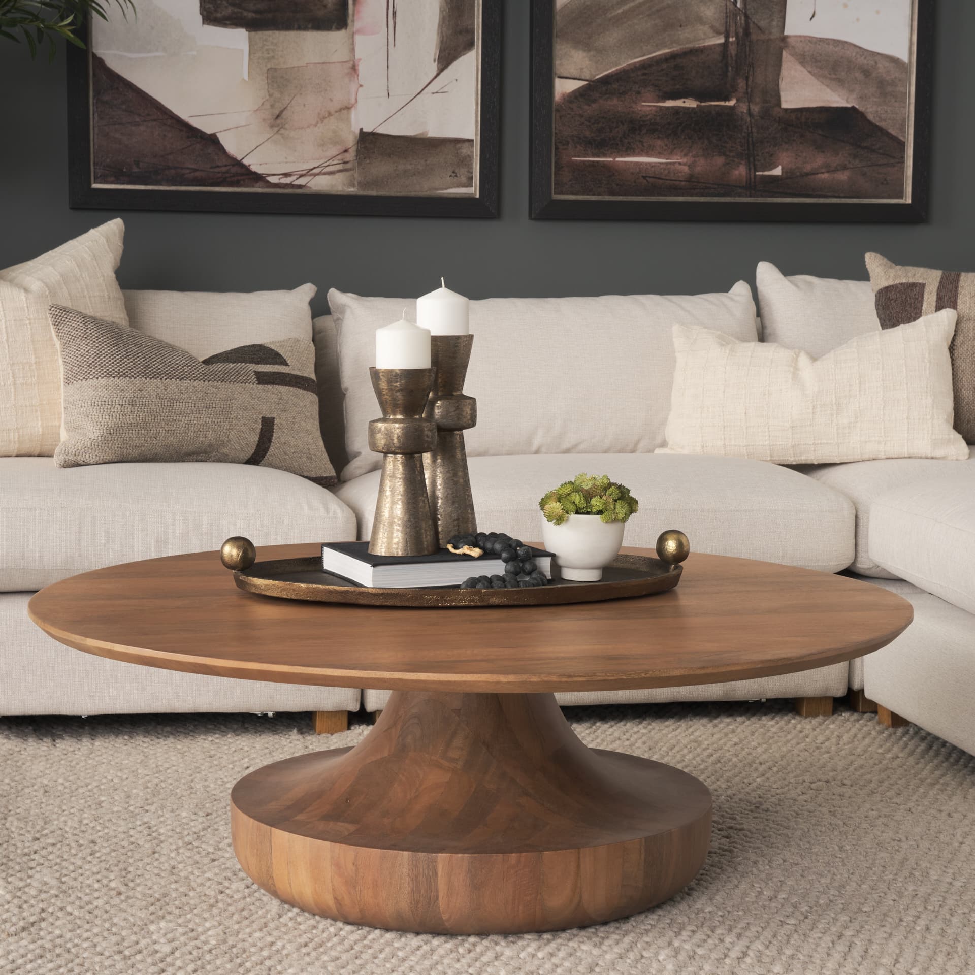 Arno Warm Mid-Brown Wood Sculptural Round Coffee Table — product photograph