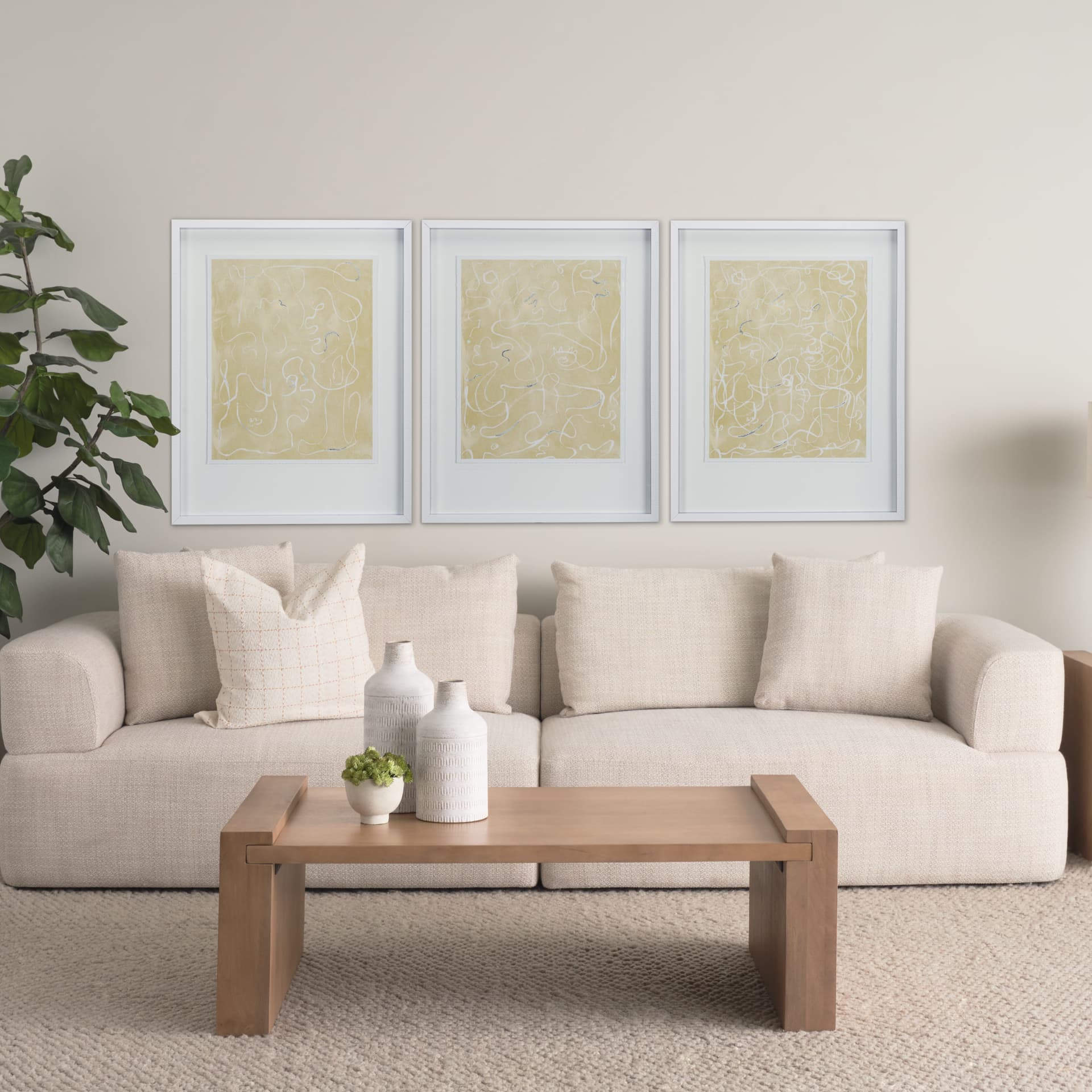 Thread Yellow II by Mercana Studio a Hand Embellished Textured Framed Art Print Matted under Glass — in a styled room
