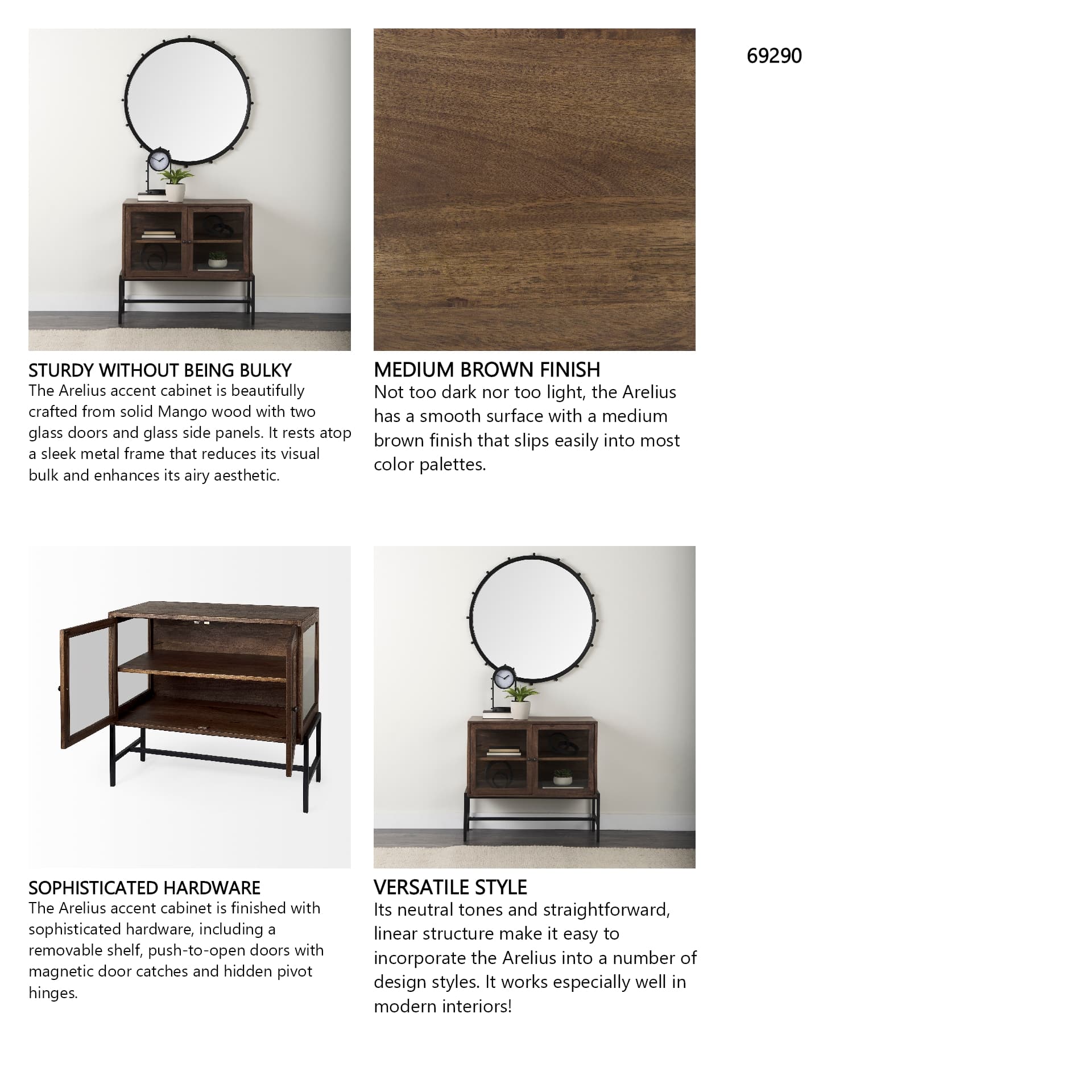 Arelius 36L x 18W x 32H Medium Brown Wood, Black Metal Base w/ 2 Glass Doors Accent Cabinet — in a styled room