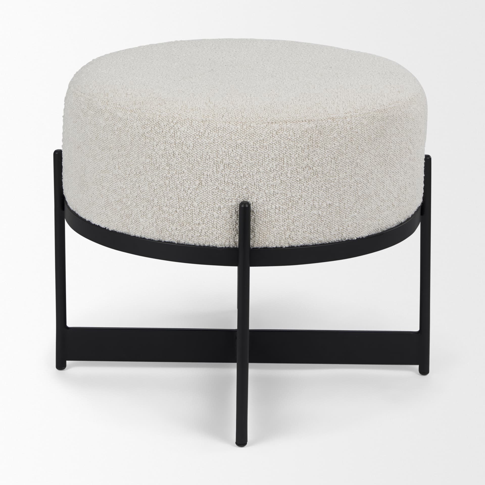 Amelia Cream Boucle W/Black Metal Upholstered Pouf — product photograph