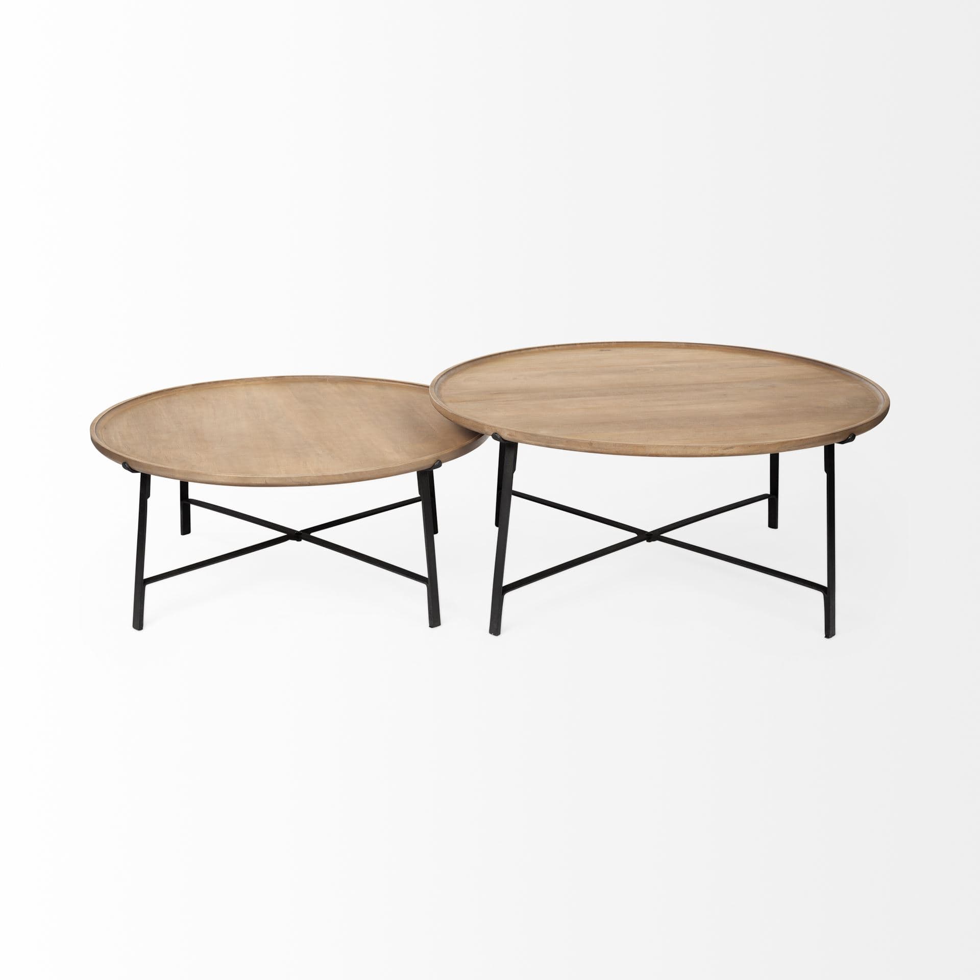 Helios (Set of 2) Brown Solid Wood Top Black Metal Base Nesting Coffee Tables — product photograph