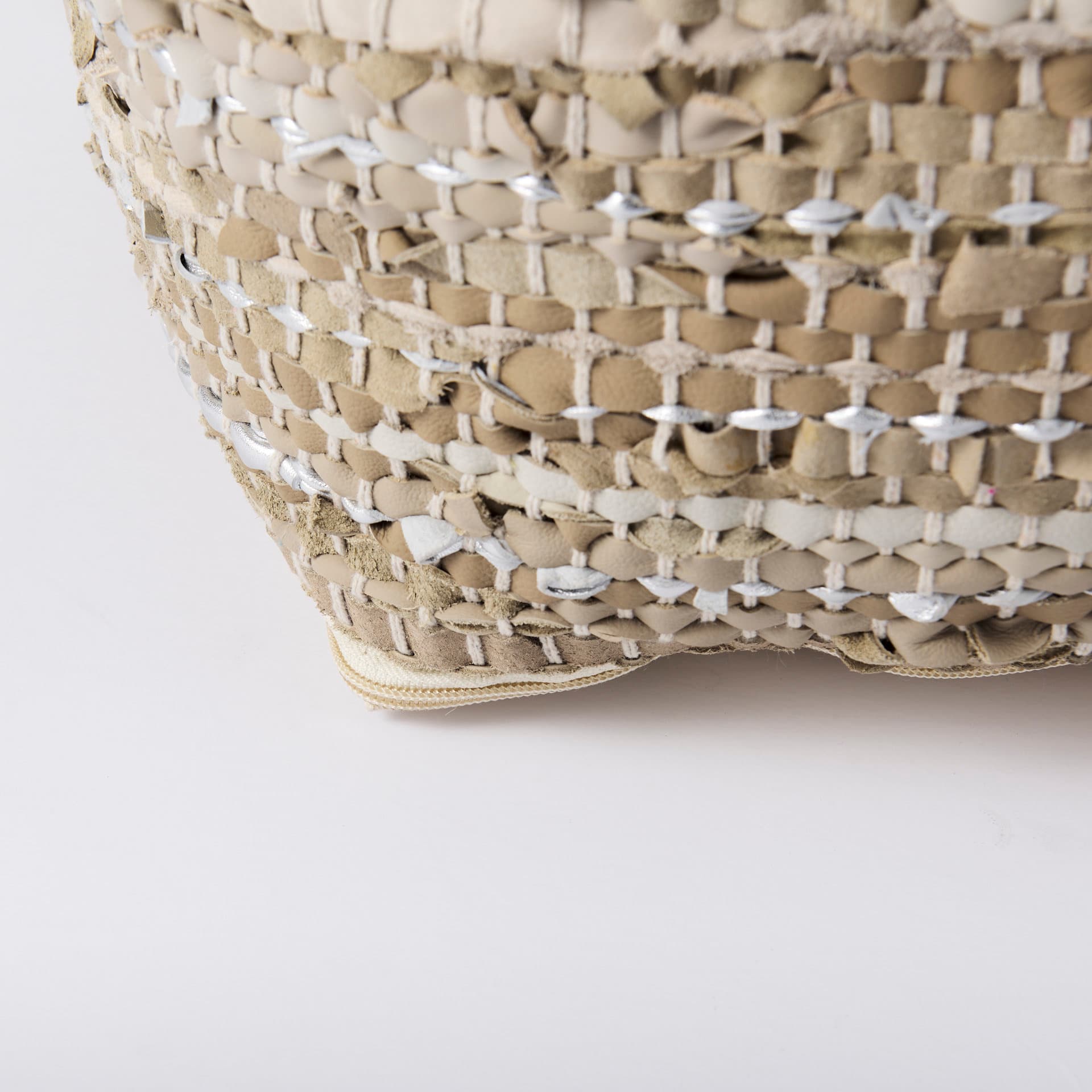 Aadhya 16.0L x 16.0W x 16.0H Taupe/Silver Leather and Cotton Pouf — product photograph