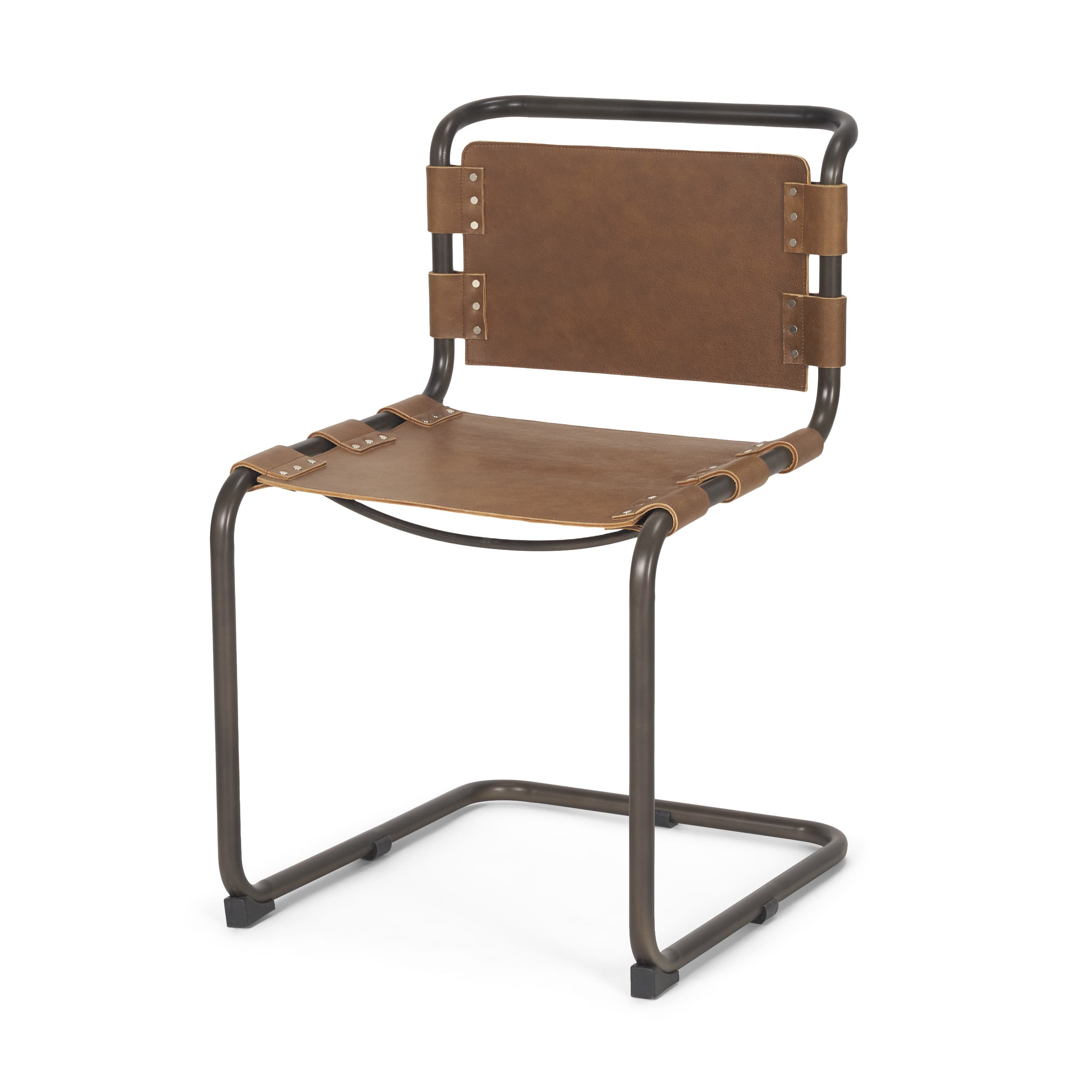 Berbick Open Back Dining Side Chair | Medium Brown Leather w/ Iron — product photograph