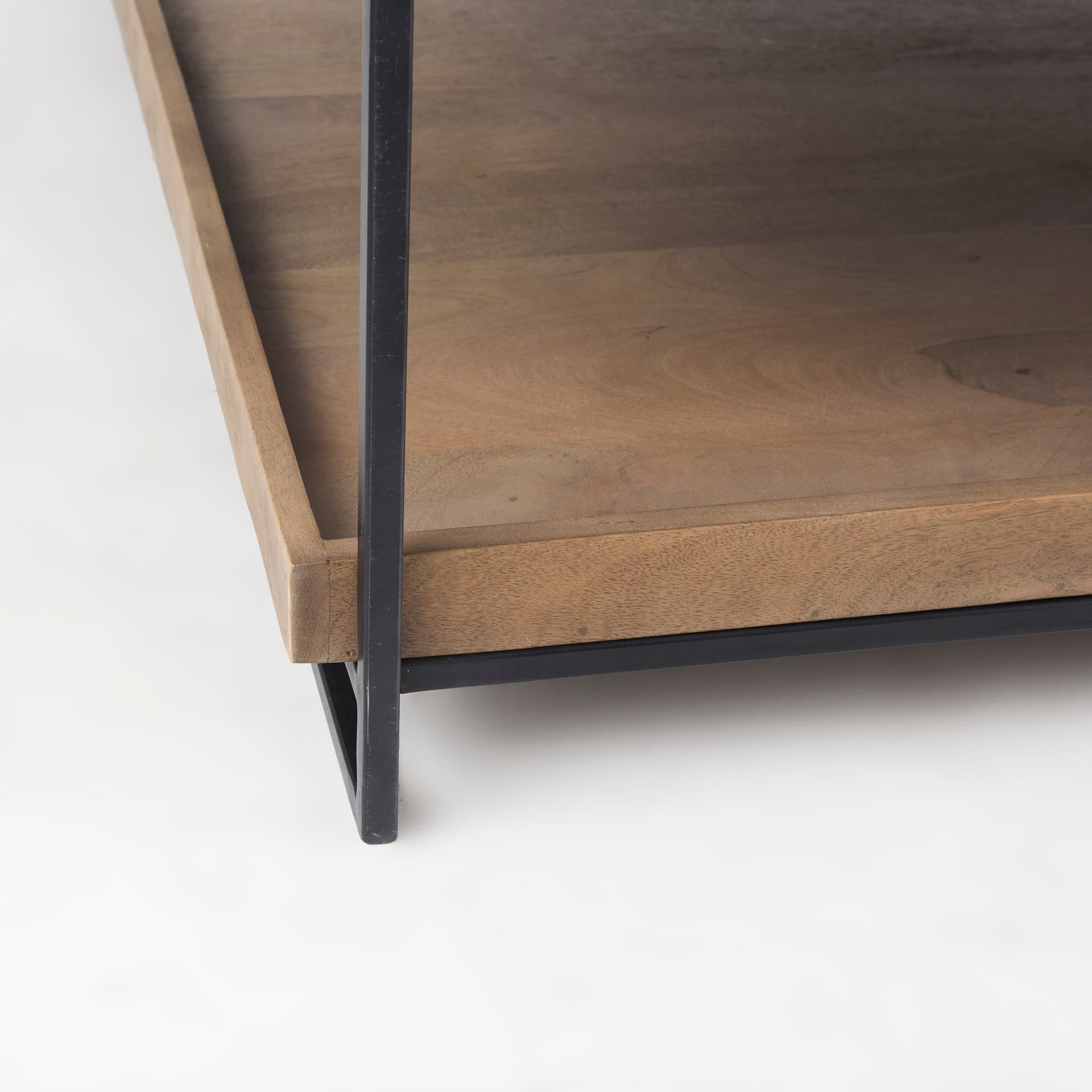 Trey 48x46 Rectangular Brown Solid Wood Top Table Black Metal Frame Two-Tier Coffee Table — product photograph