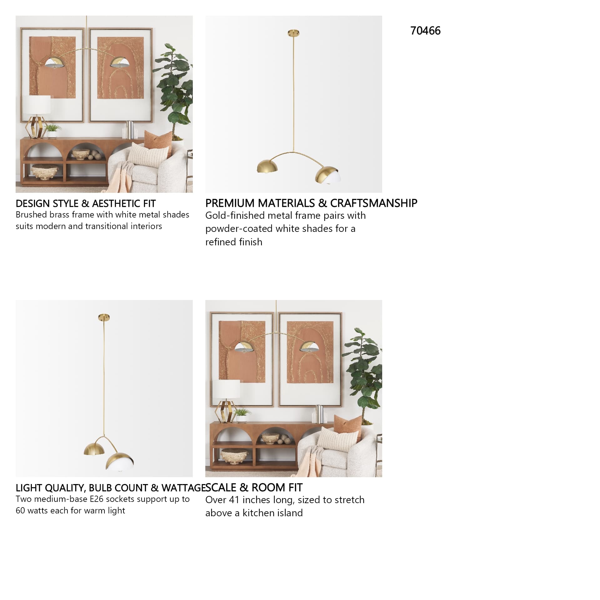 Cybill Brushed Brass w/ White Metal Shades 2-Light Chandelier — in a styled room