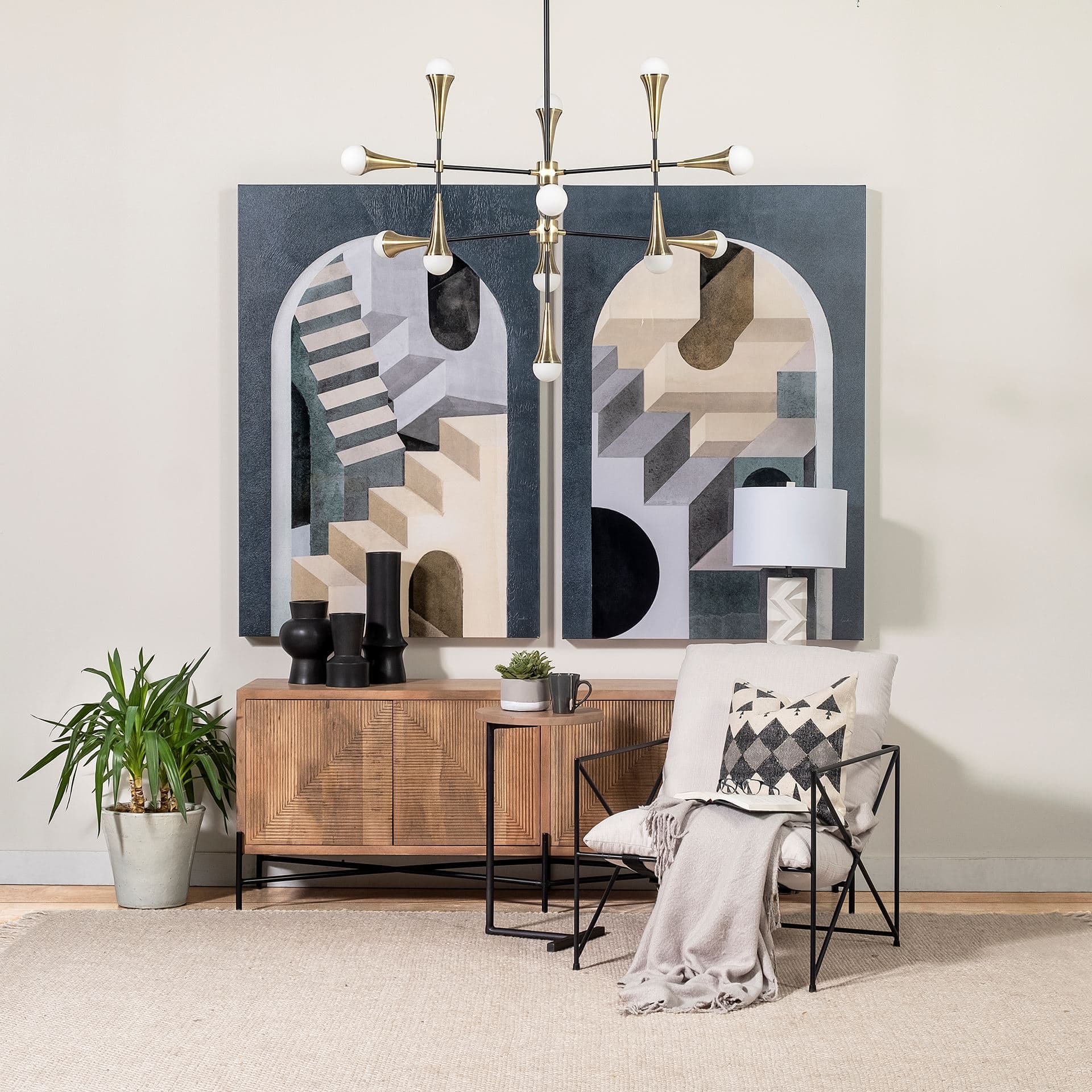 Cairo 78x19 Brown Solid Wood Black Metal Base 4 Door Cabinet Sideboard — in a styled room