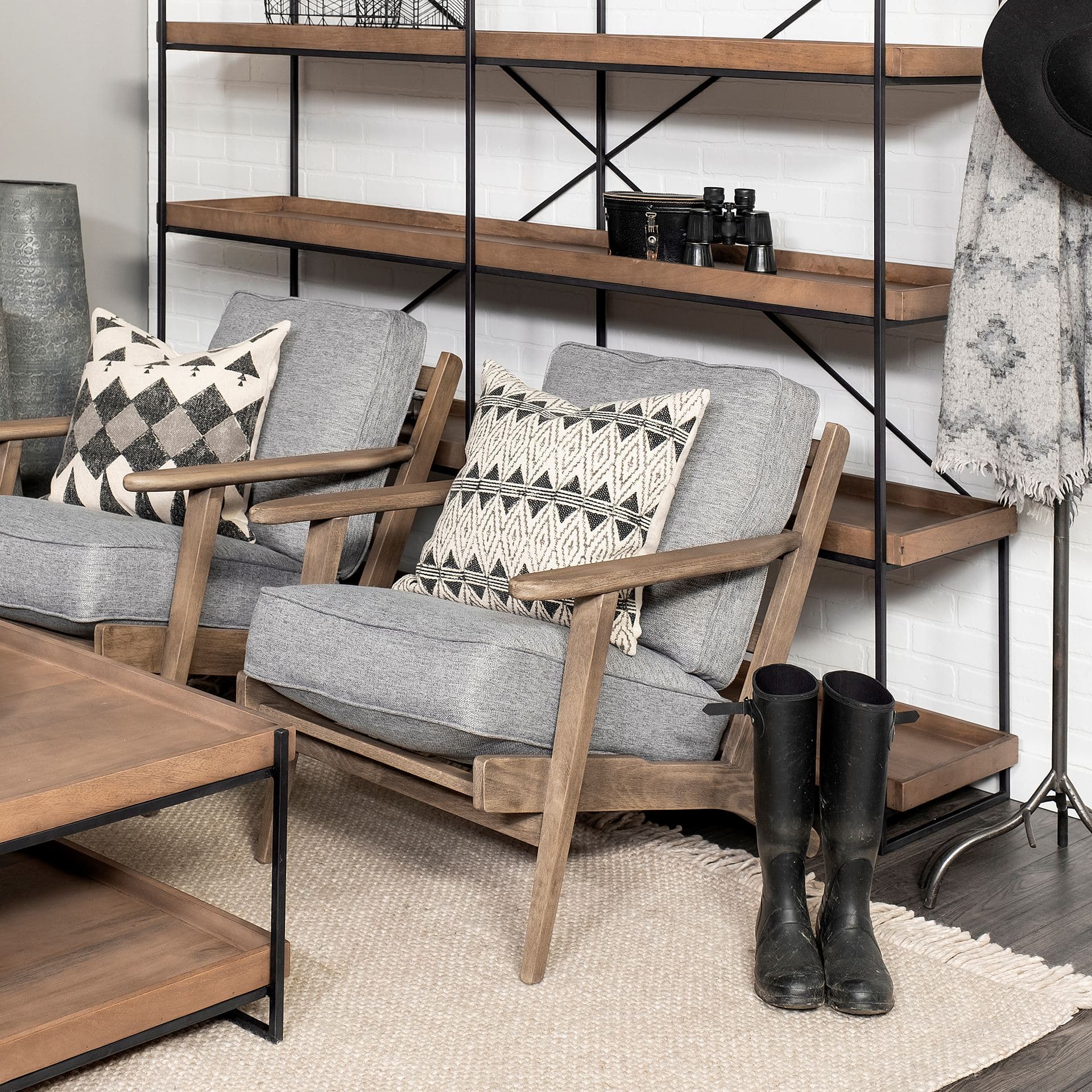 Olympus V Castlerock Grey Fabric Wrapped Brown Wooden Frame Accent Chair — product photograph