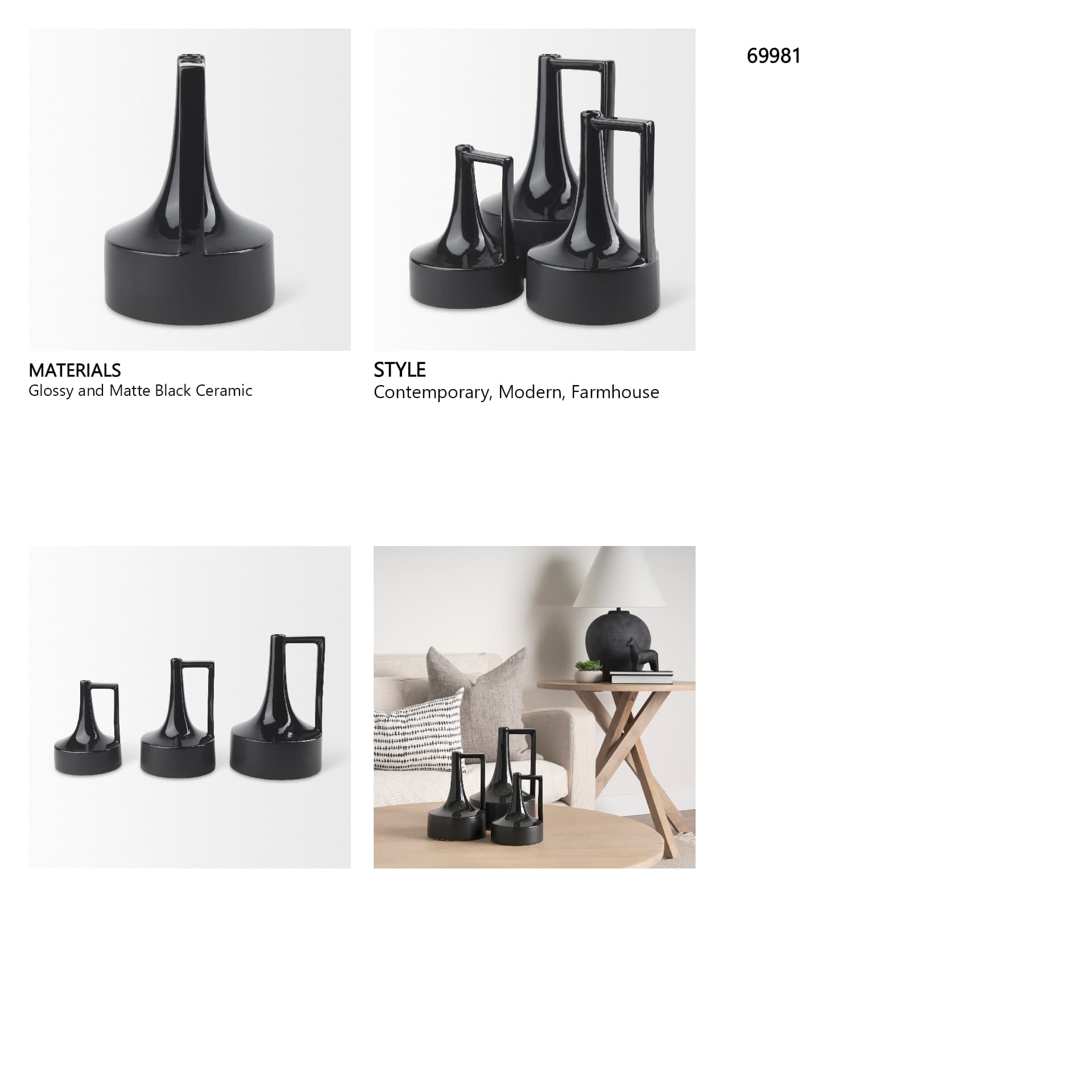 Burton 13.1H Large Glossy and Matte Black Ceramic Jug Vase — in a styled room