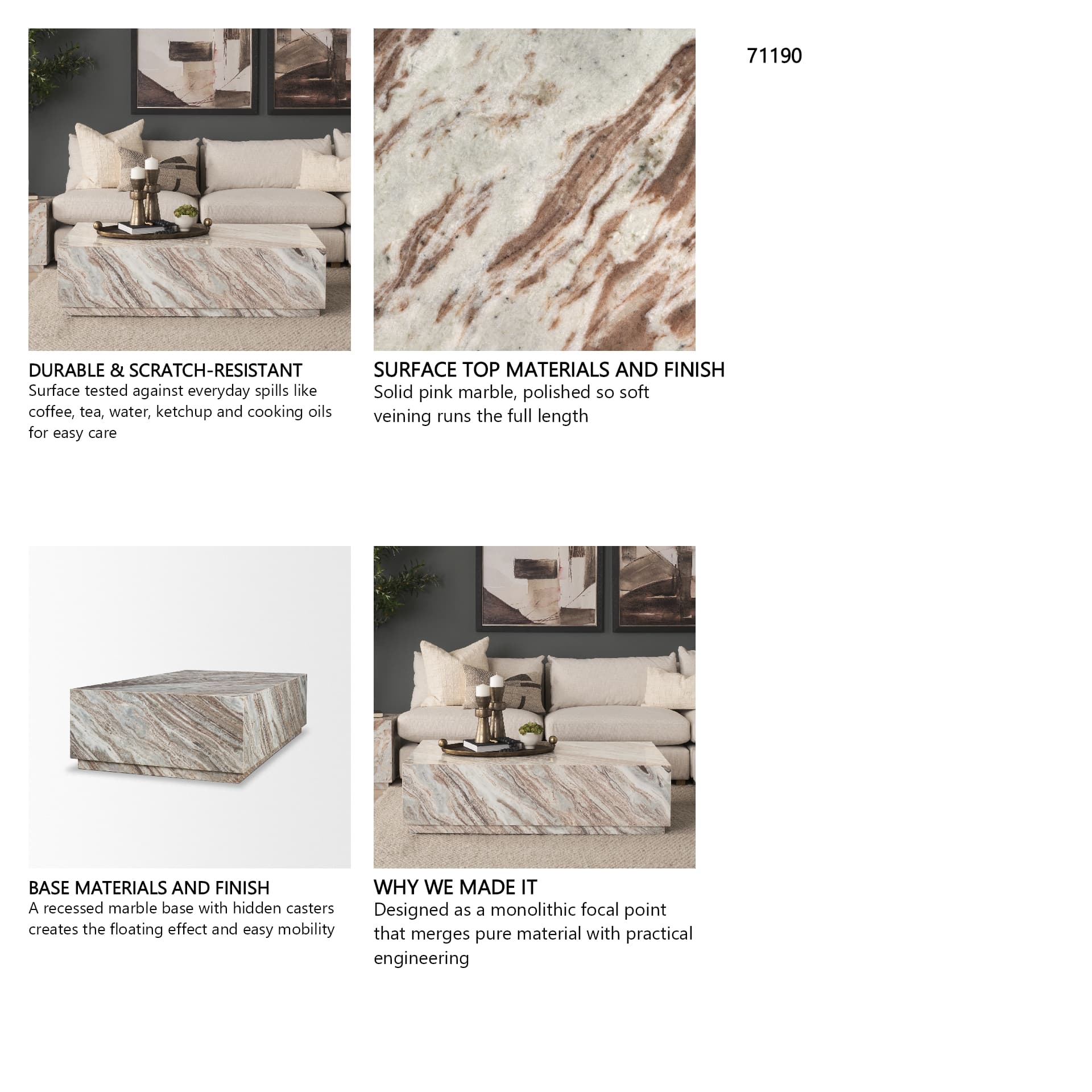 Matteo Solid Pink Marble Rectangular Coffee Table — product photograph
