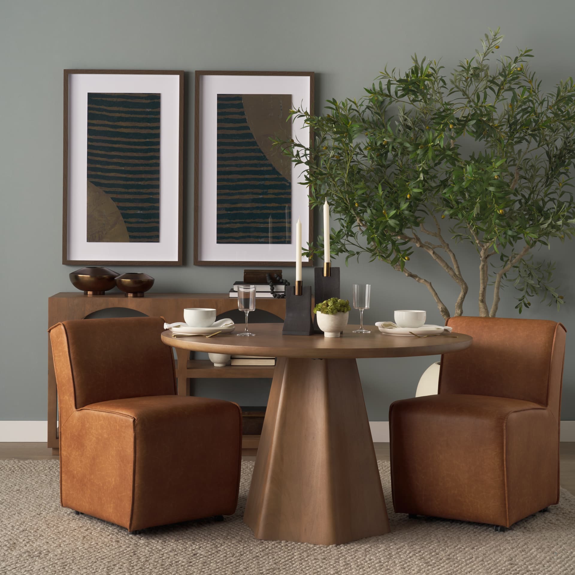 Damon Barrel Back Dining Arm Chair | Cognac Faux Leather w/ Casters — product photograph