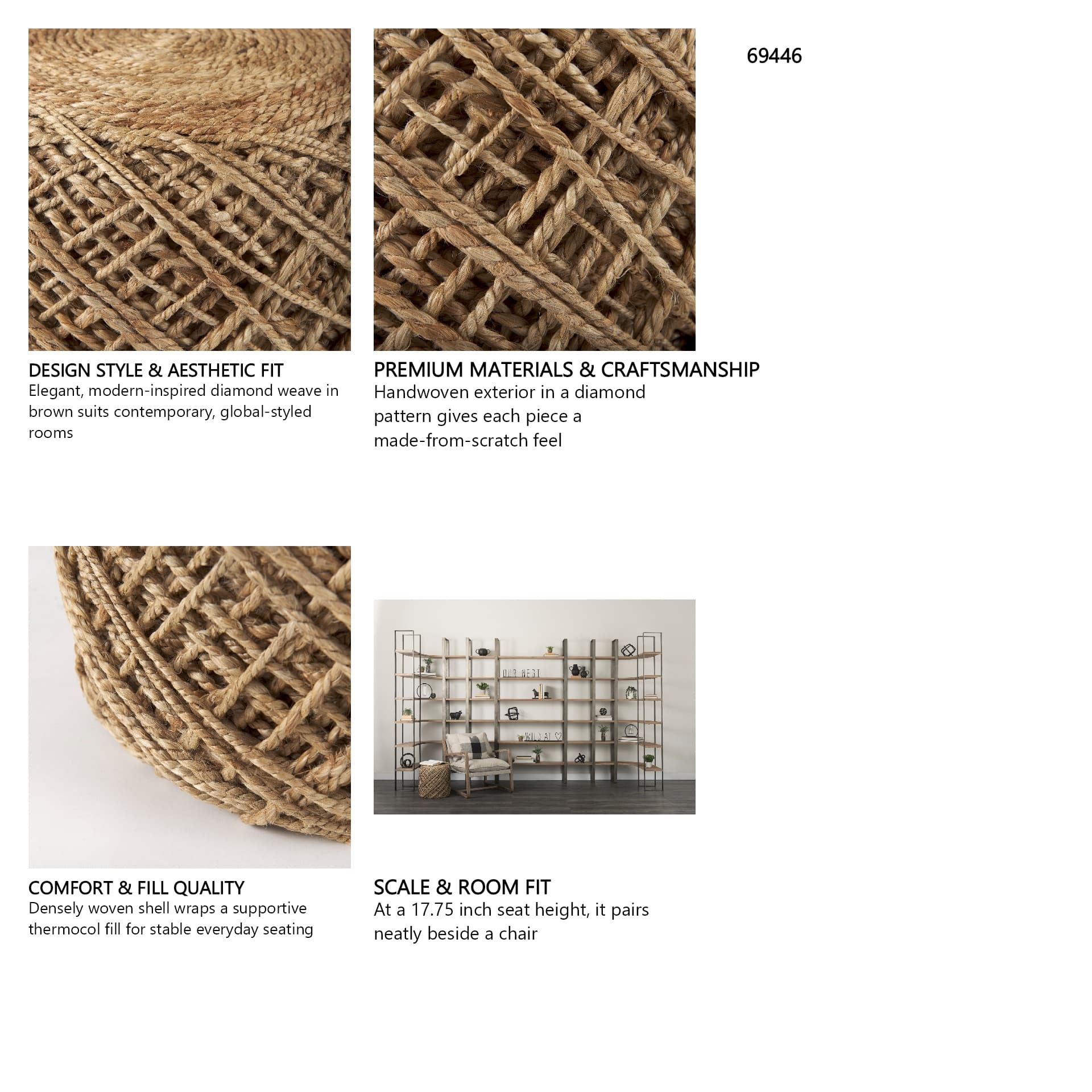 Allium Brown Handwoven Wool Cylindrical Pouf — in a styled room
