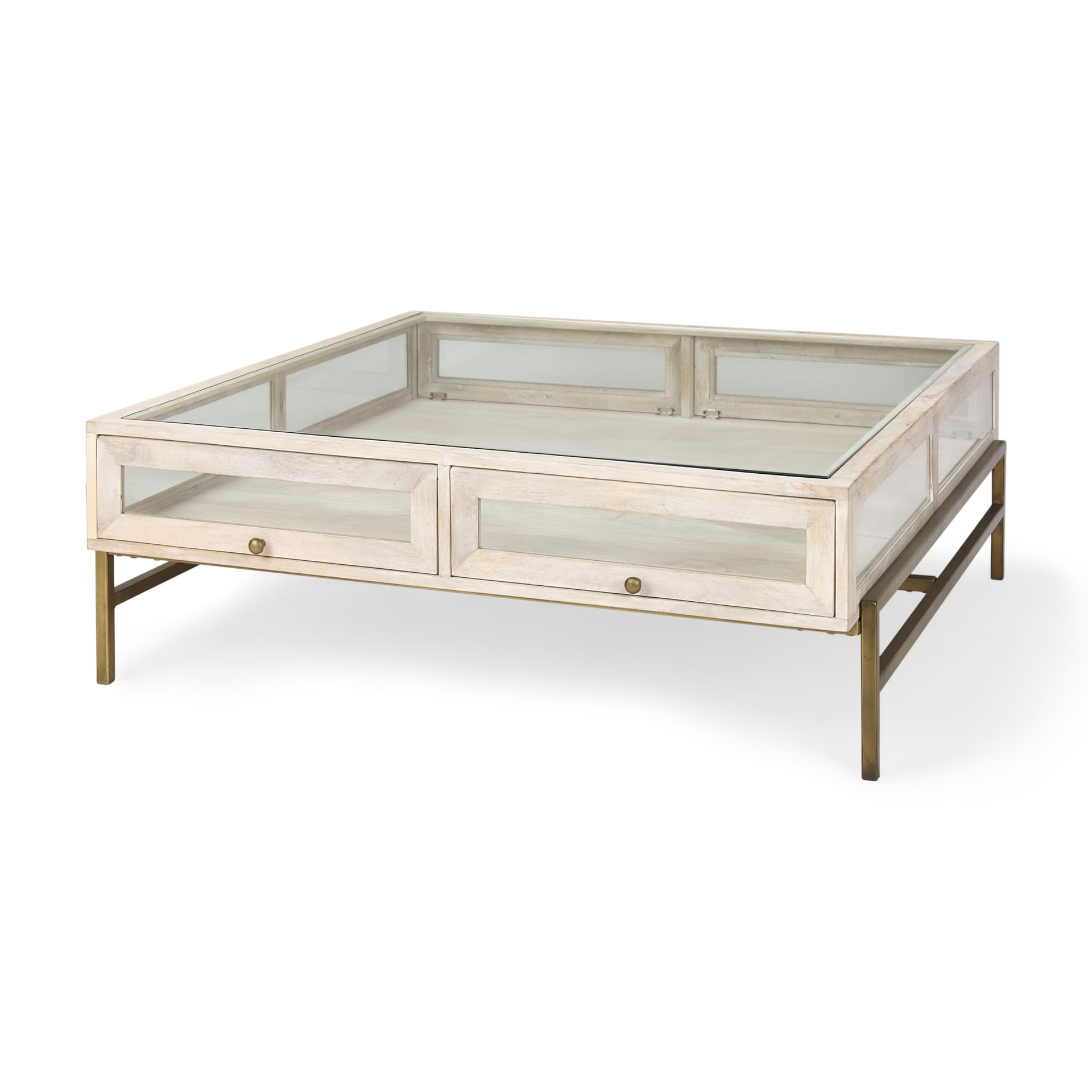 Arelius 42" Square Glass-Top White Wood w/ Gold Metal Base Display Coffee Table — product photograph