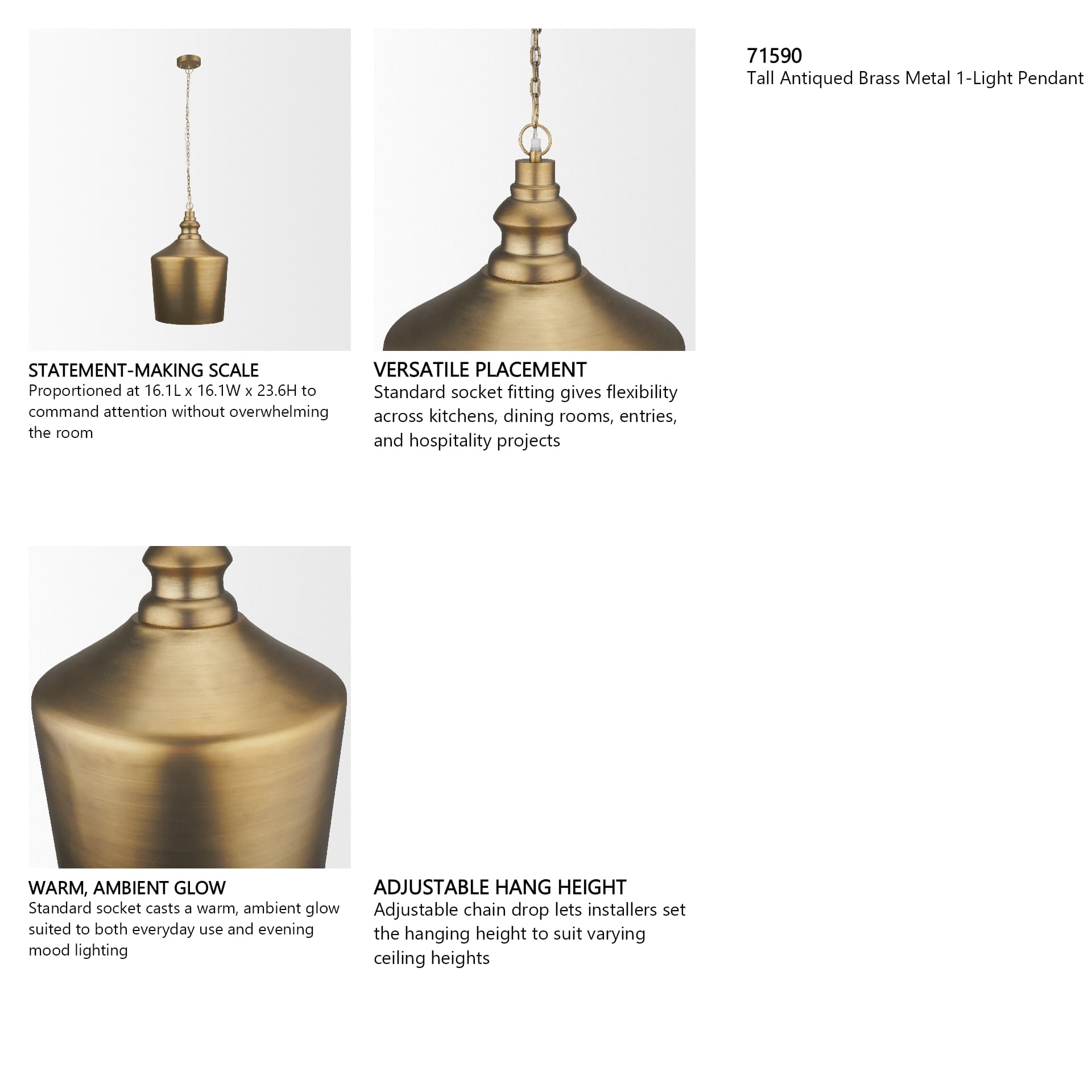 Keller Tall Antiqued Brass Metal 1-Light Pendant — in a styled room
