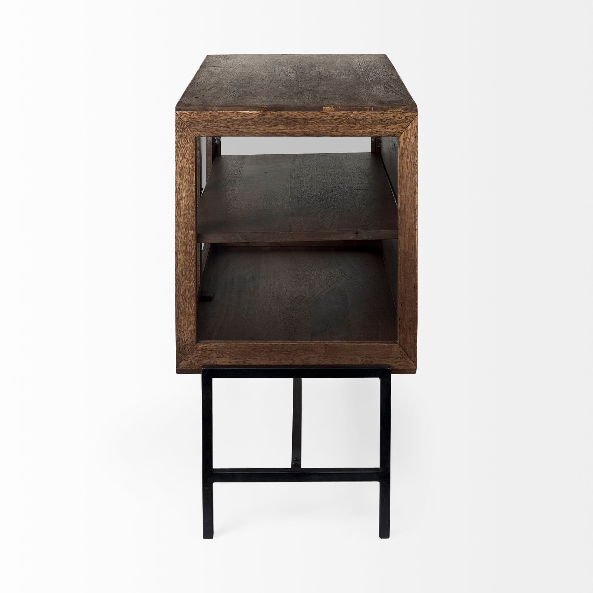 Arelius 36L x 18W x 32H Medium Brown Wood, Black Metal Base w/ 2 Glass Doors Accent Cabinet — product photograph