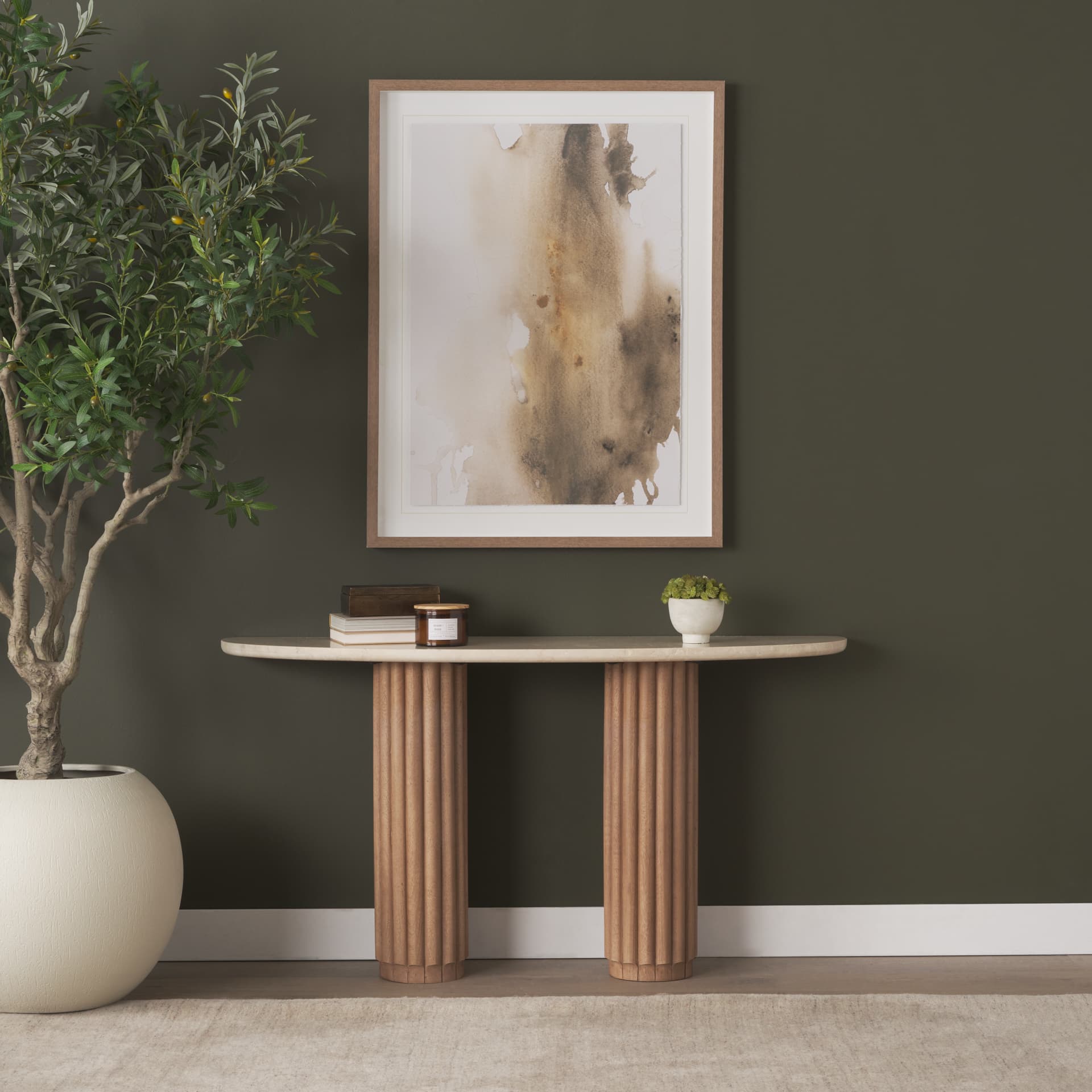 Marbrello Botticino Marble Top Light Brown Fluted Wood Half Moon Console Table — product photograph