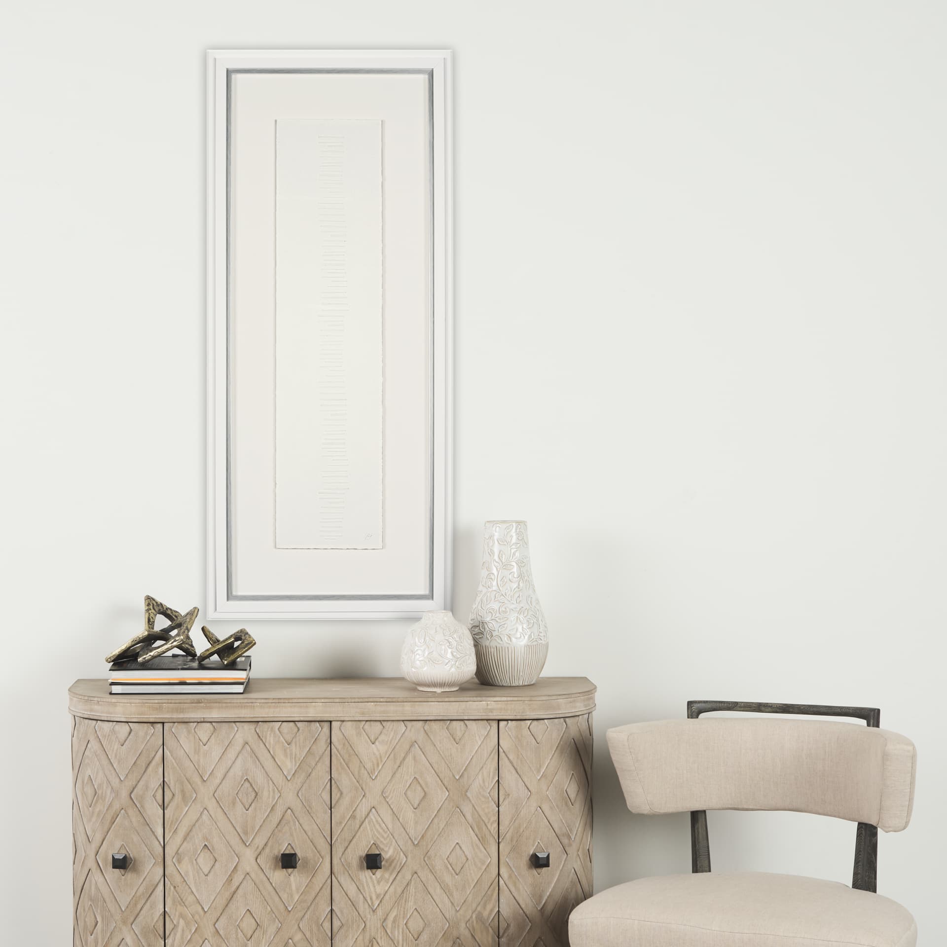 Random Lines White by Studio M a handmade Original Framed Artwork under Glass — in a styled room