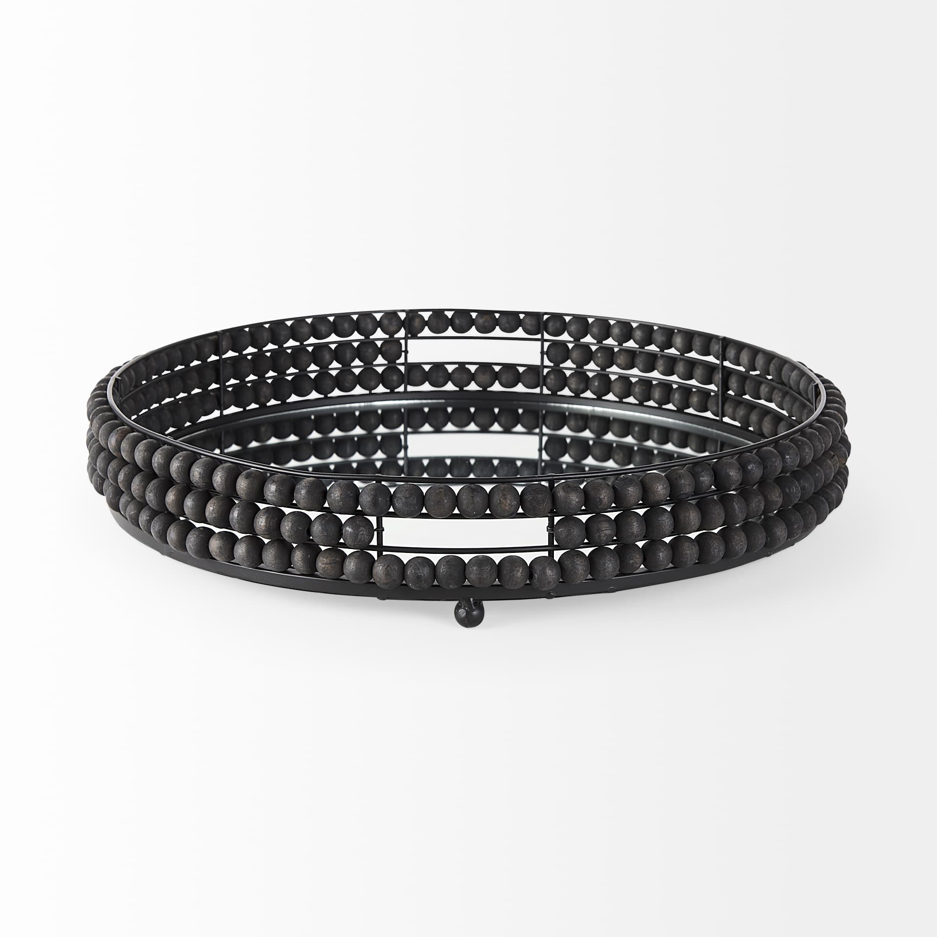 Decatur II 21L x 21W Black Wooden Bead Mirrored Bottom Round Tray — product photograph