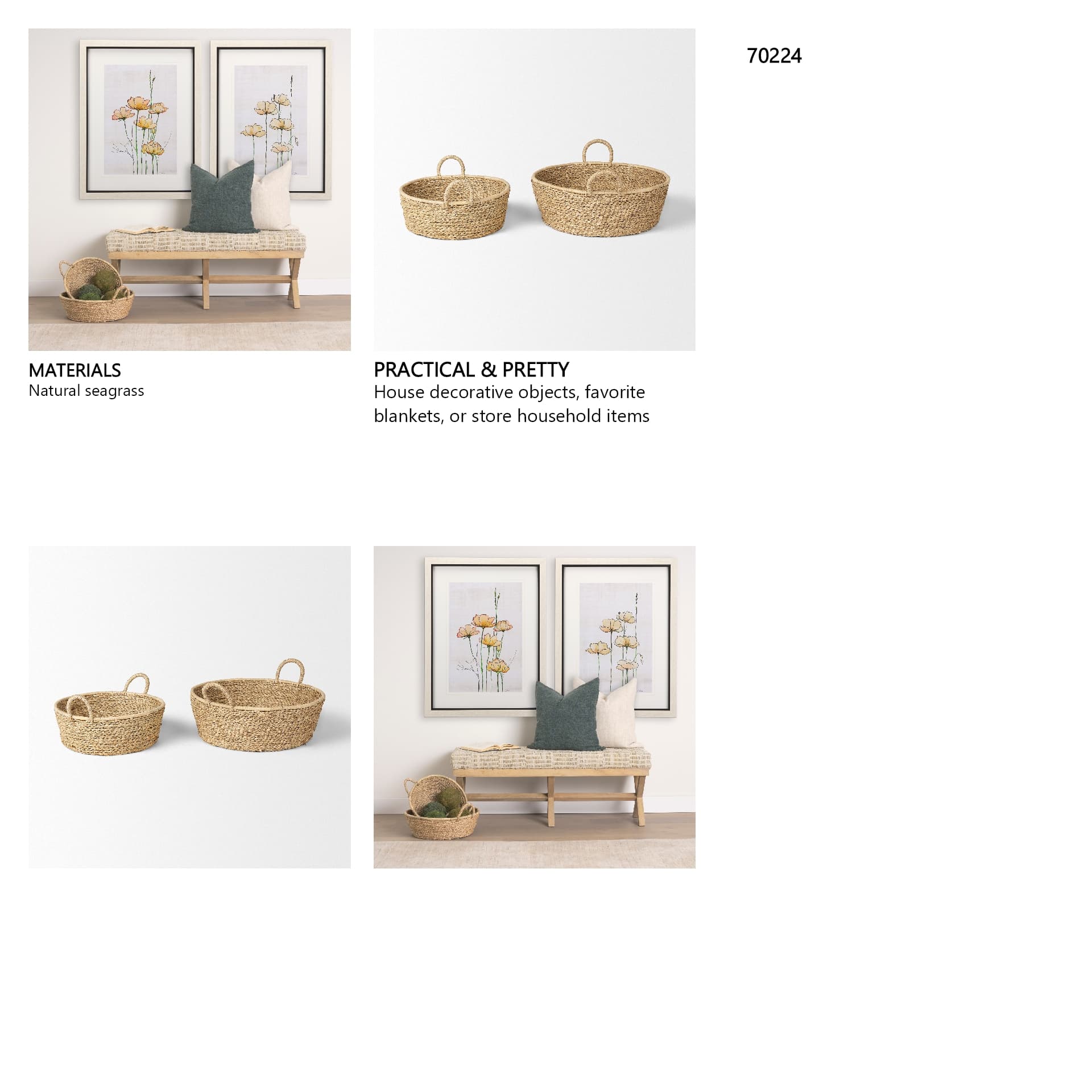 Ayanna Set of 2 Deep Nesting Seagrass Baskets w/ Handles — in a styled room