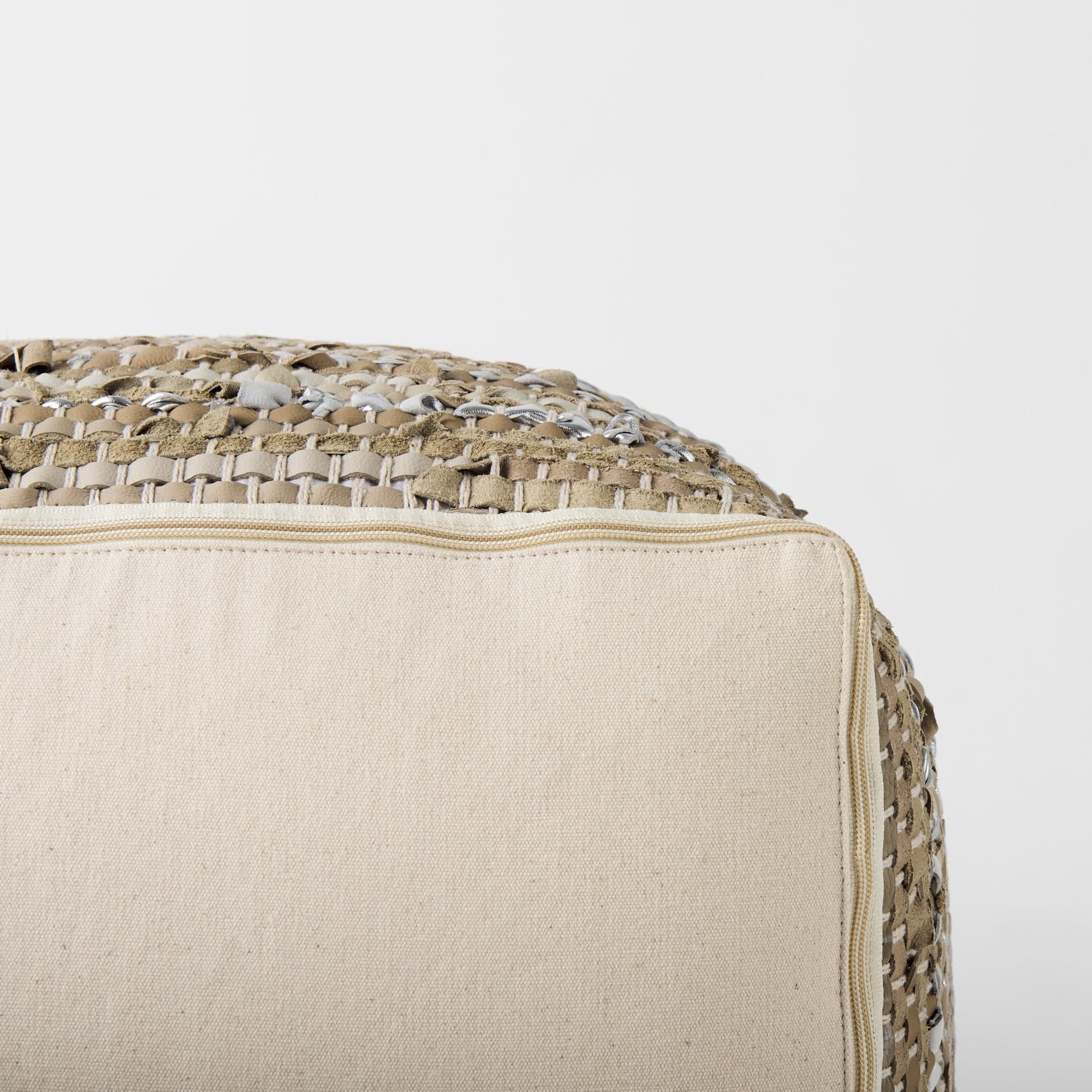 Aadhya 16.0L x 16.0W x 16.0H Taupe/Silver Leather and Cotton Pouf — product photograph