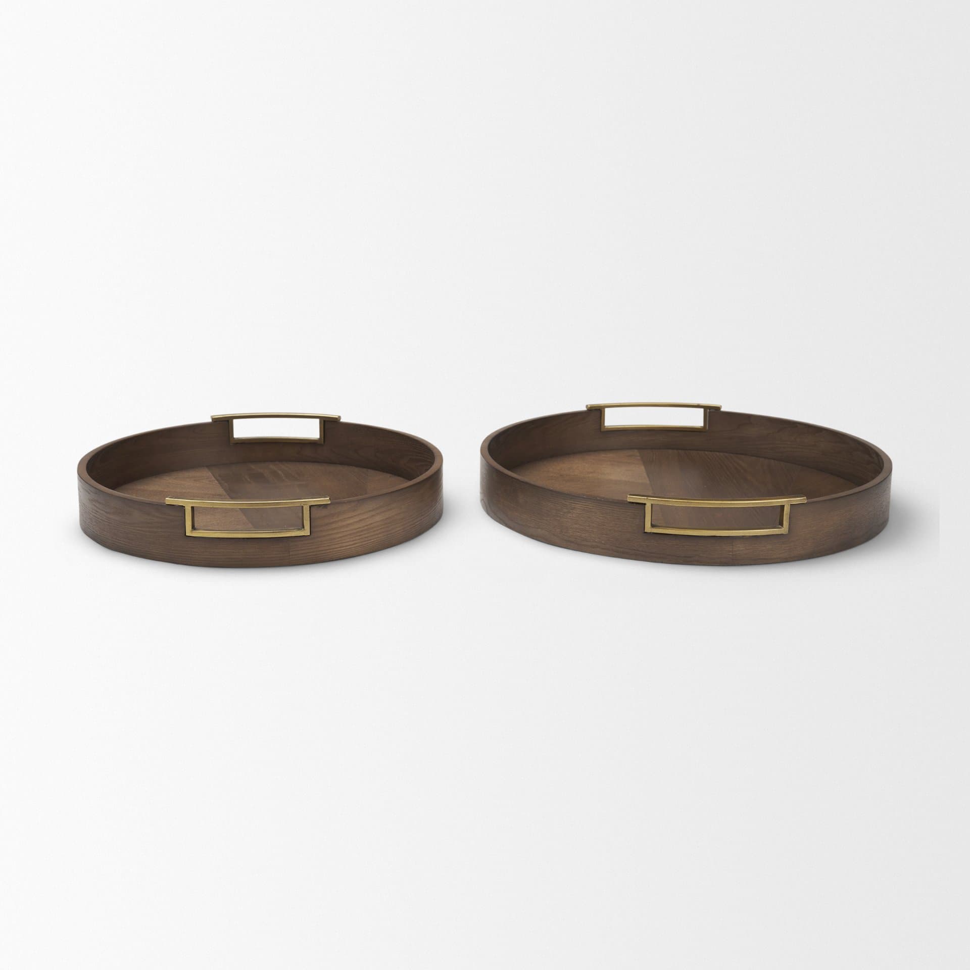 Langford Round Dark Brown Walnut Wood w/ Brass Handles Decorative Tray Set — product photograph