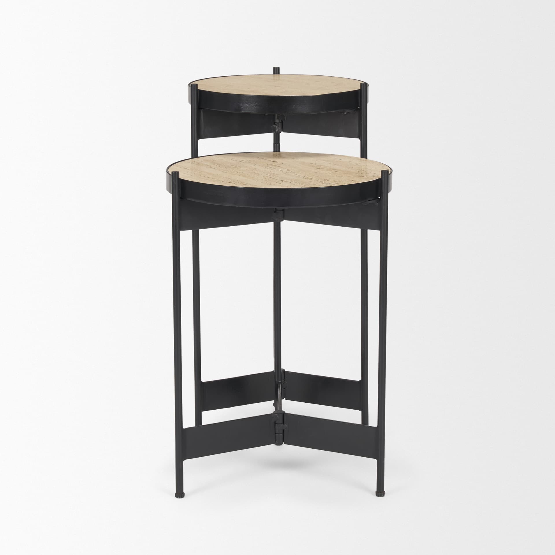 Wade Travertine Marble w/ Matte Black Metal End Tables — product photograph