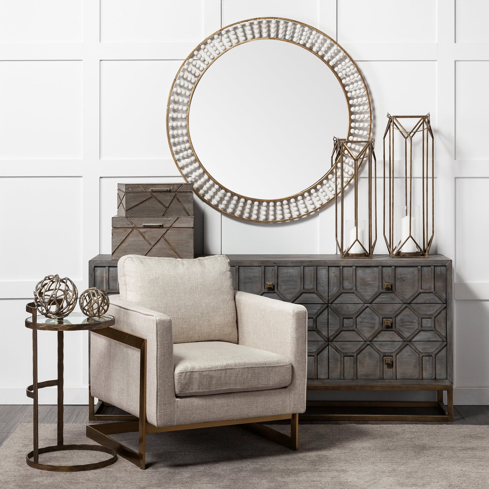 Reimer 15L x 15W Gold Round Glass Top W/Metal Frame Accent Table — in a styled room