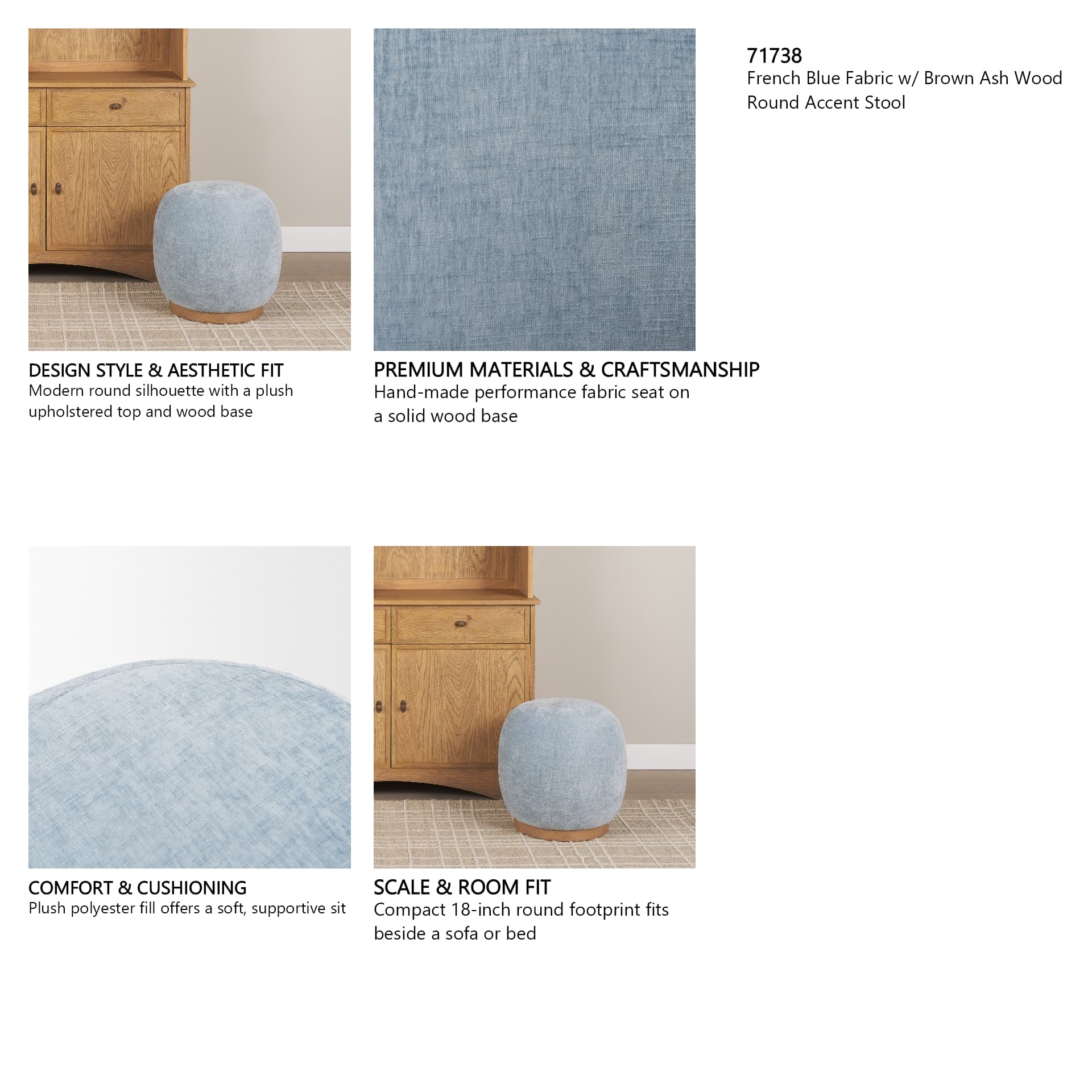 Siren French Blue Fabric w/ Brown Ash Wood Round Accent Stool — in a styled room