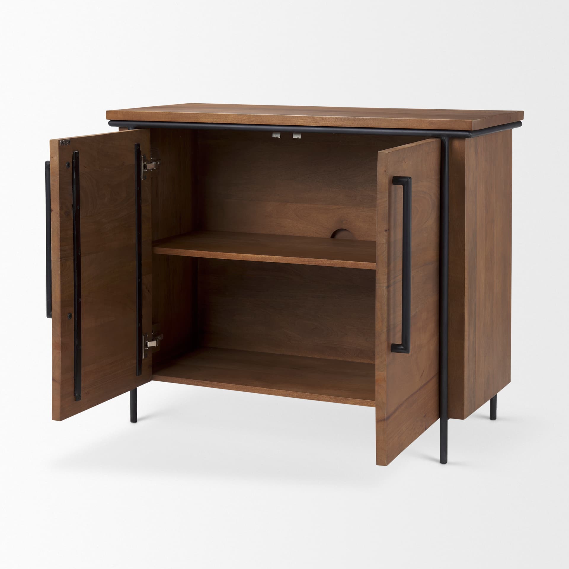 Maddox 40.0L x 18.5W x 32.75H Brown Solid Wood Black Metal 2 Door Accent Cabinet — product photograph