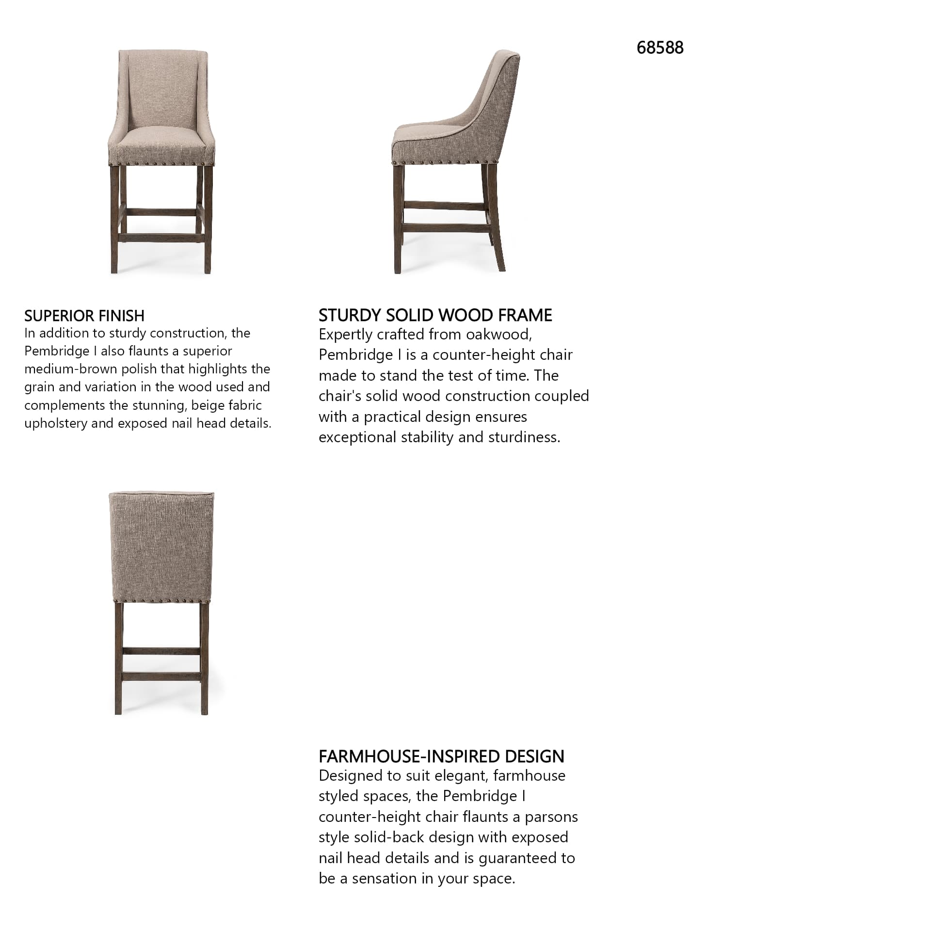 Kensington Low Back 27.5in Seat Counter Stool | Beige Fabric w/ Wood — product photograph
