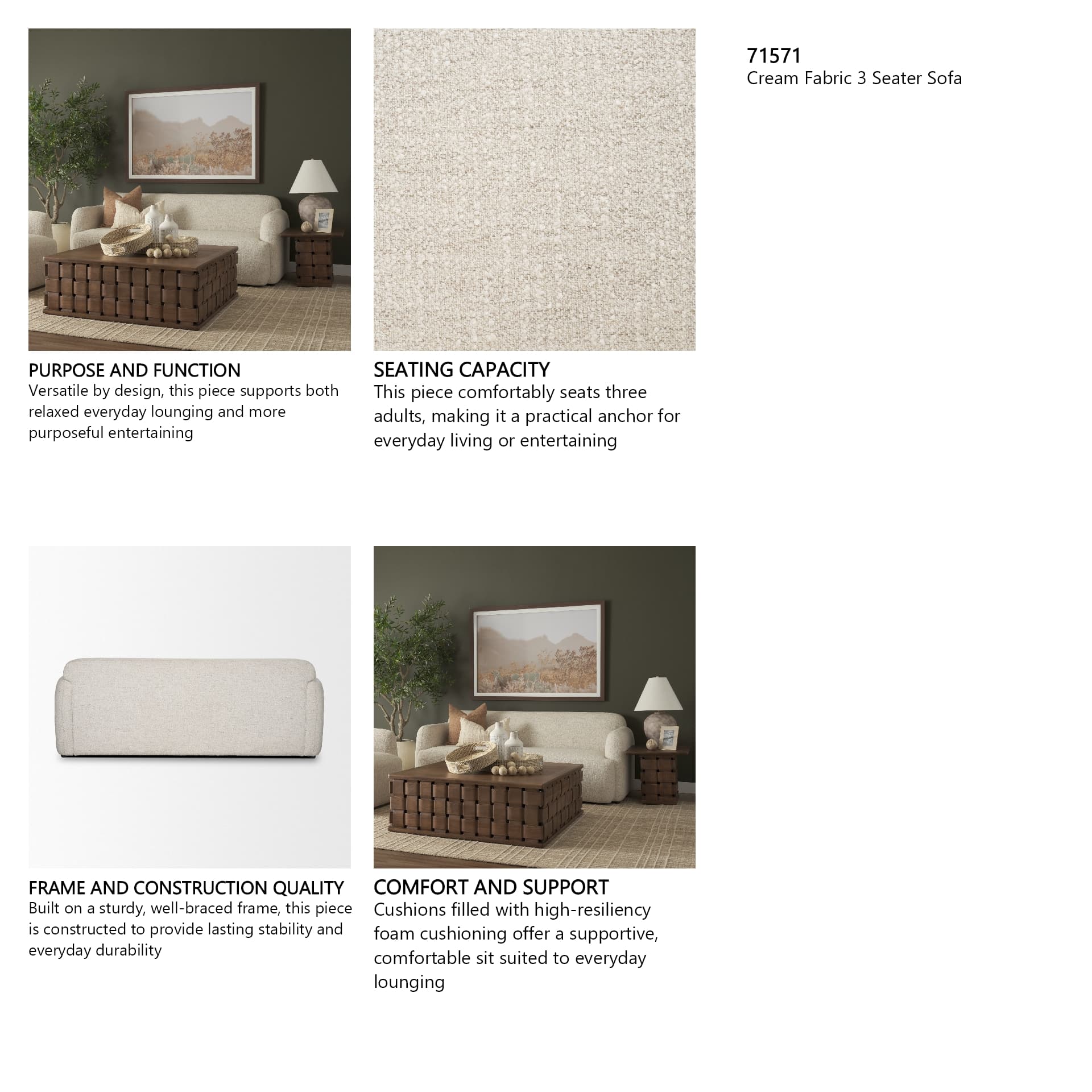 Saga Cream Fabric 3 Seater Sofa — product photograph