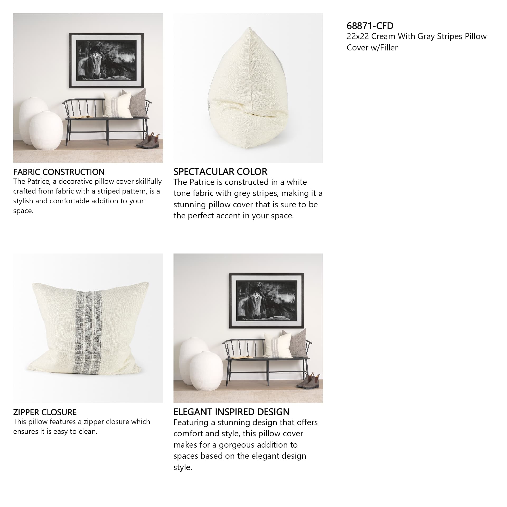 Patrice 22x22 Cream With Gray Stripes Pillow Cover w/Filler — in a styled room