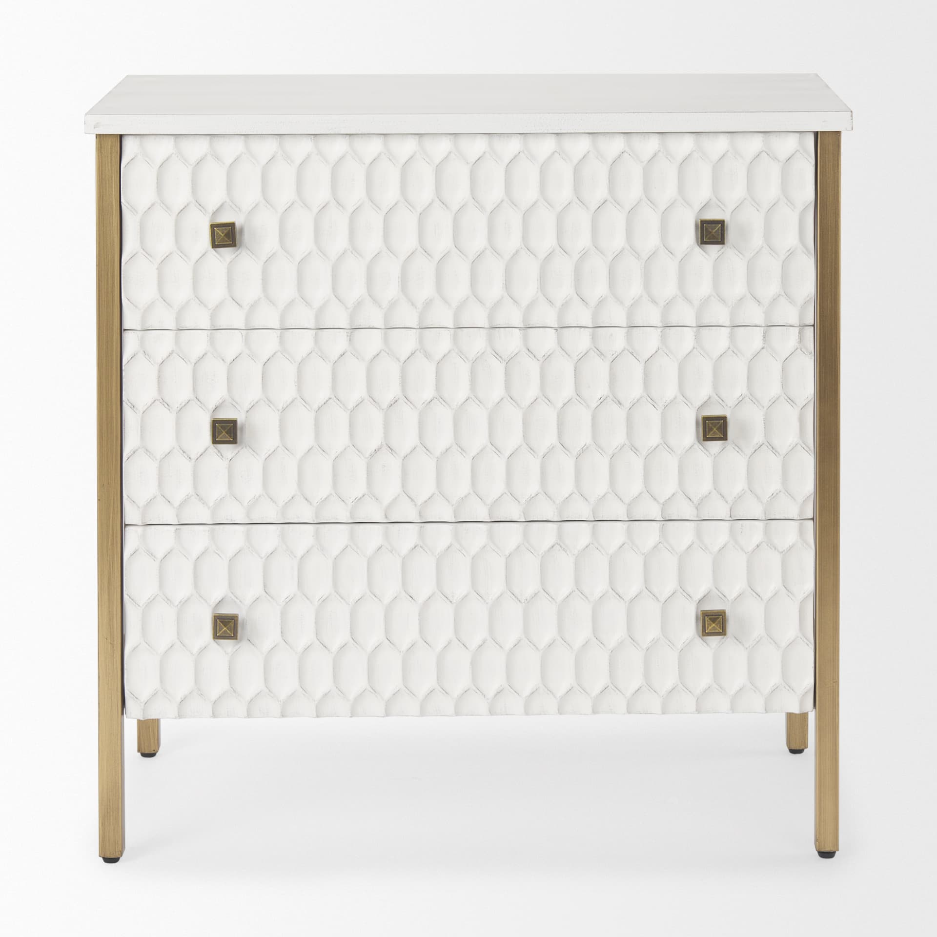 Savannah White Fir Veneer w/ Gold Metal 3-Drawer Accent Cabinet — product photograph