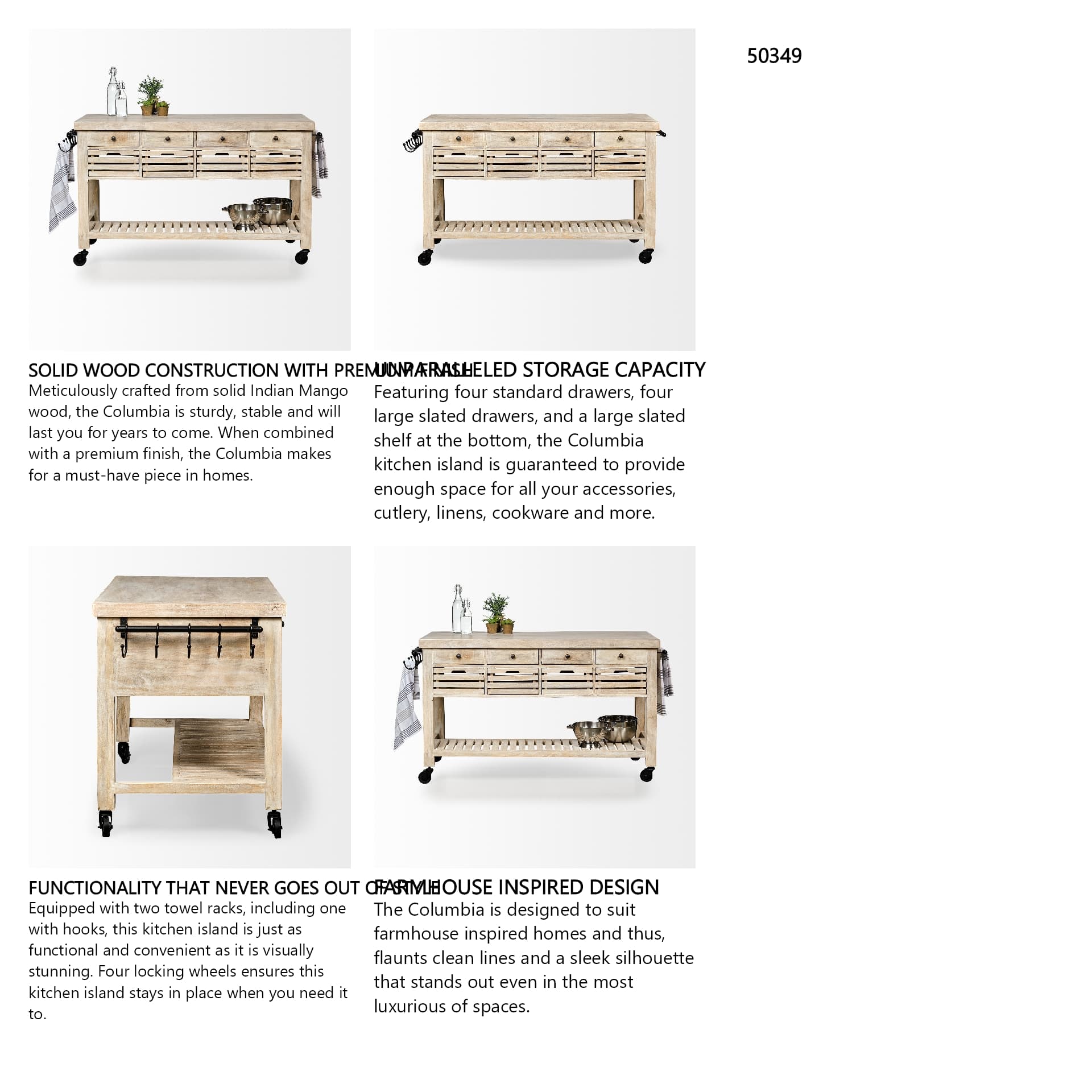 Columbia 62L x 28W x 36H I Light Brown Body w/ Black Iron Knobs Rolling Kitchen Island — in a styled room