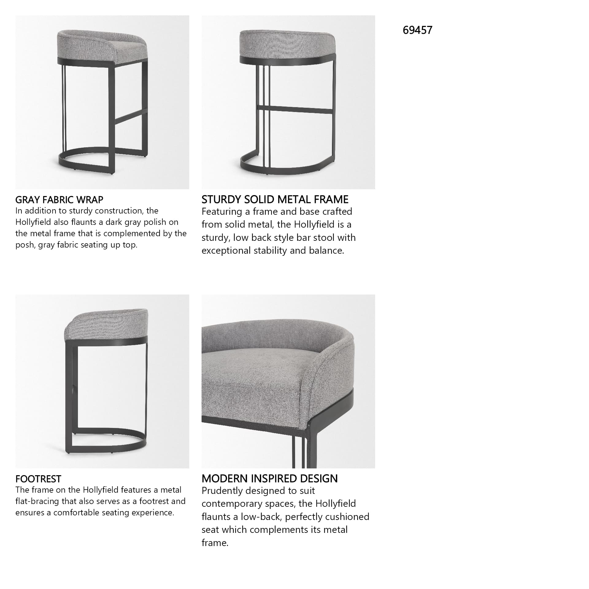 Hollyfield Low Back 32.7in Seat Counter Stool | II Gray Fabric w/ Bar — product photograph