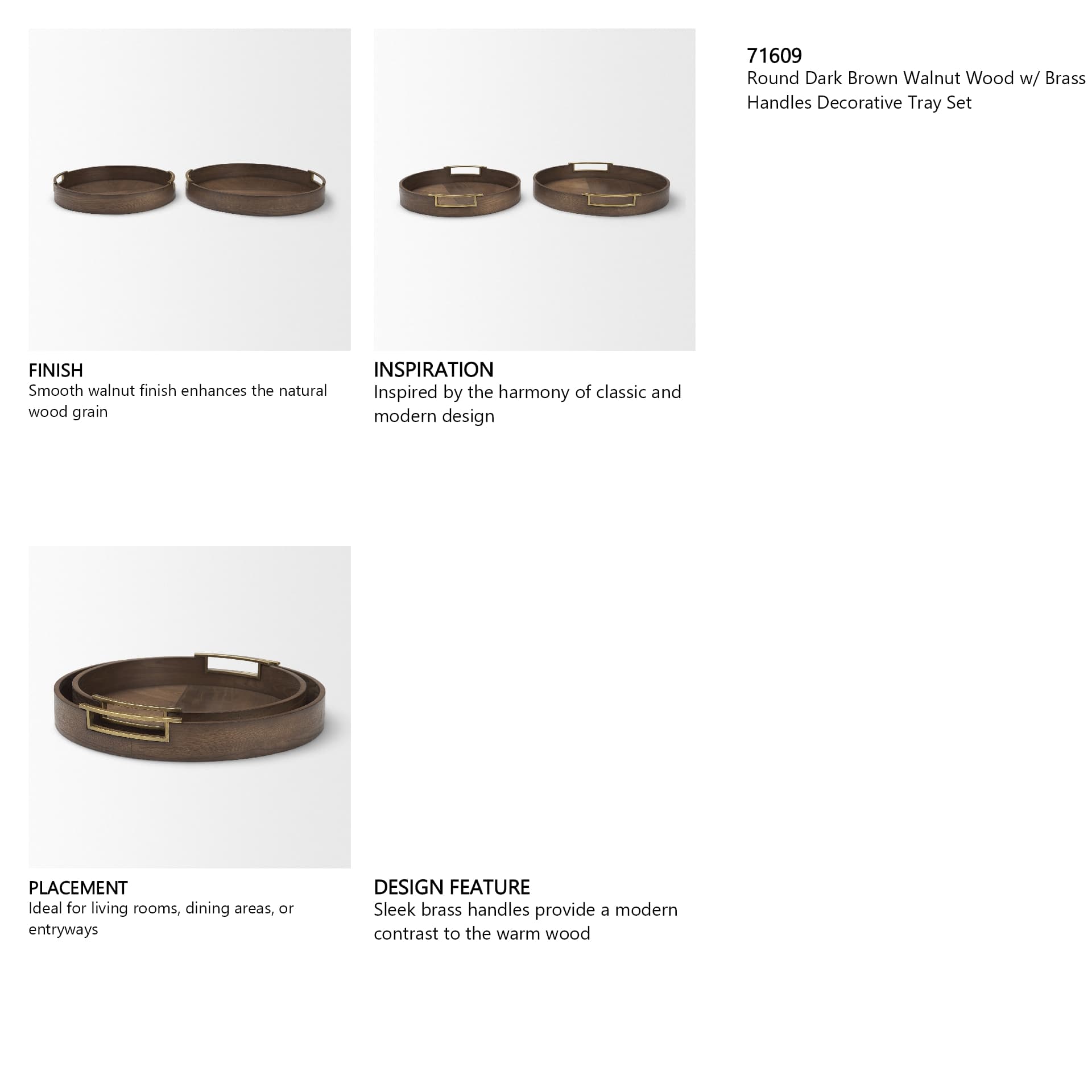 Langford Round Dark Brown Walnut Wood w/ Brass Handles Decorative Tray Set — product photograph