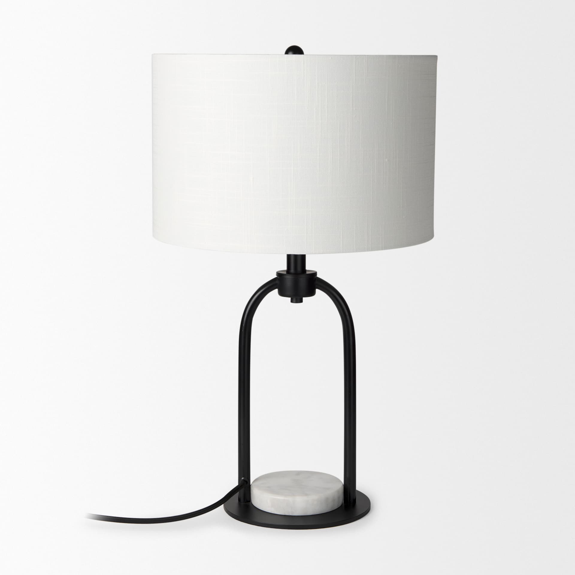 Sarah 15.0L x 10.0W x 22.2H Arched Black Metal W/Marble Cube and White Shade Table Lamp — product photograph
