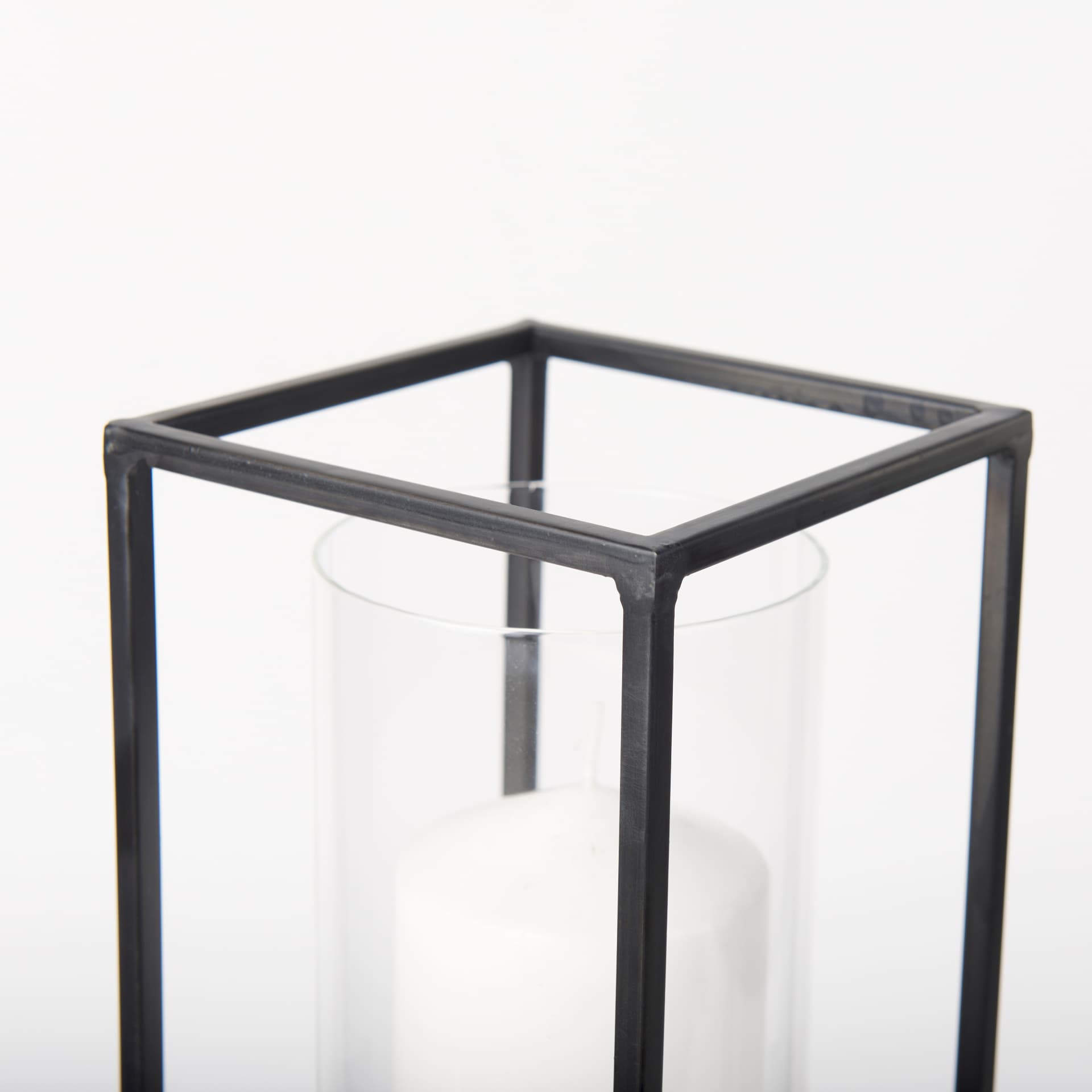 Cindy Set of 2 Matte Black Metal and Hurricane Glass Pillar Tabletop Candle Holders — product photograph