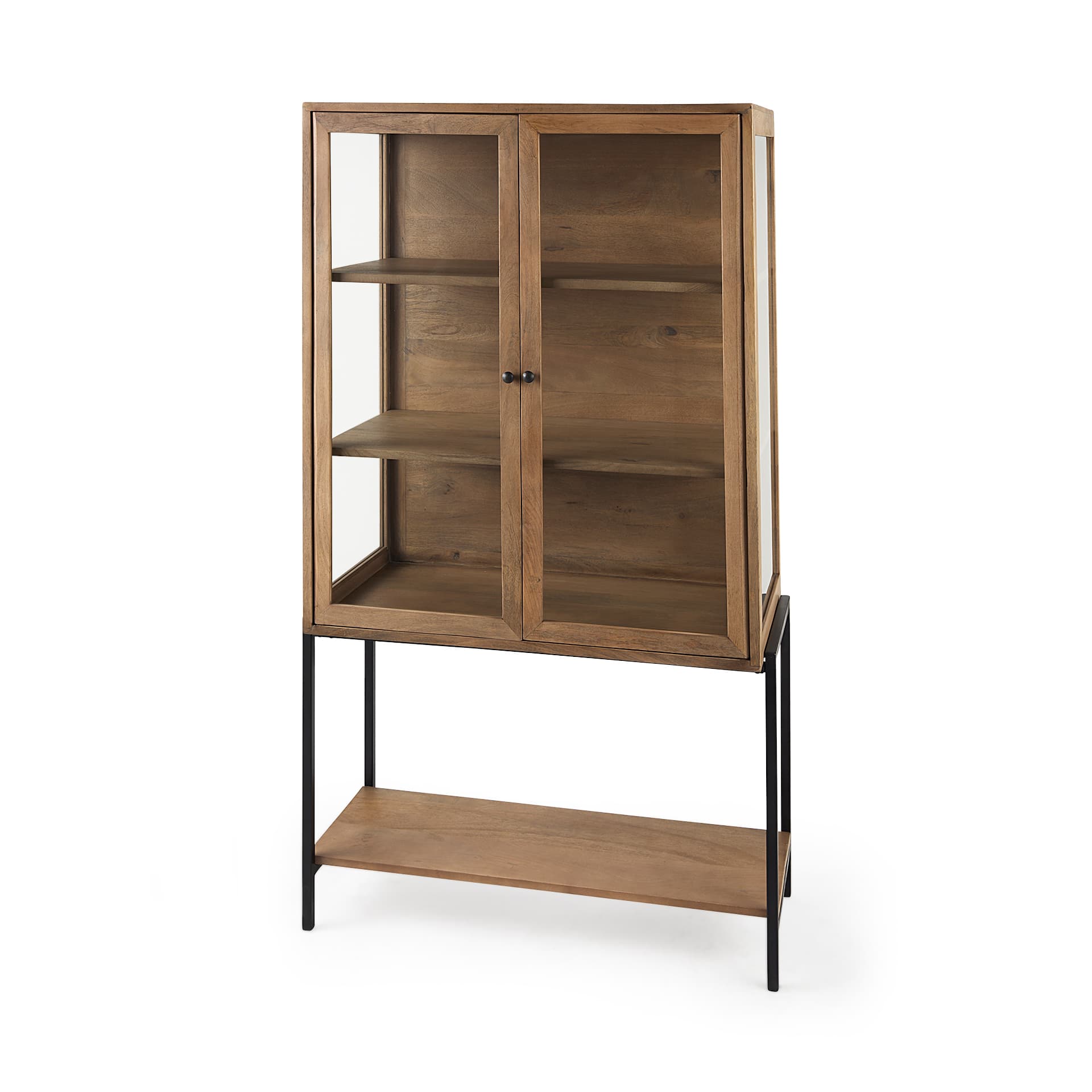 Arelius 36L x 18.75W x 63H Light Brown Wood W/ Black Metal Base Display Cabinet — product photograph