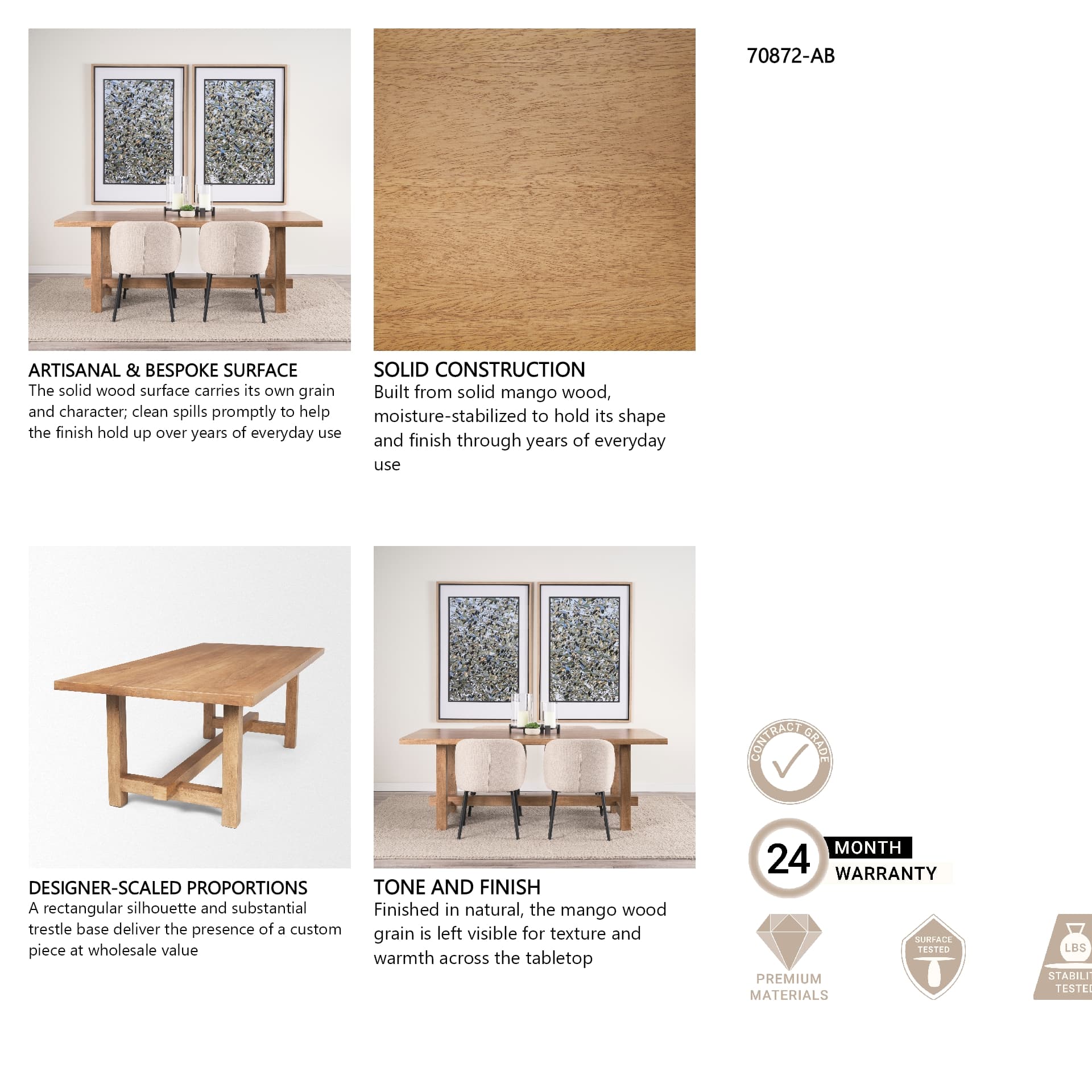 Suke 84"L x 42"W Rectangular Trestle Dining Table | Natural Wood | Seats 8 — in a styled room