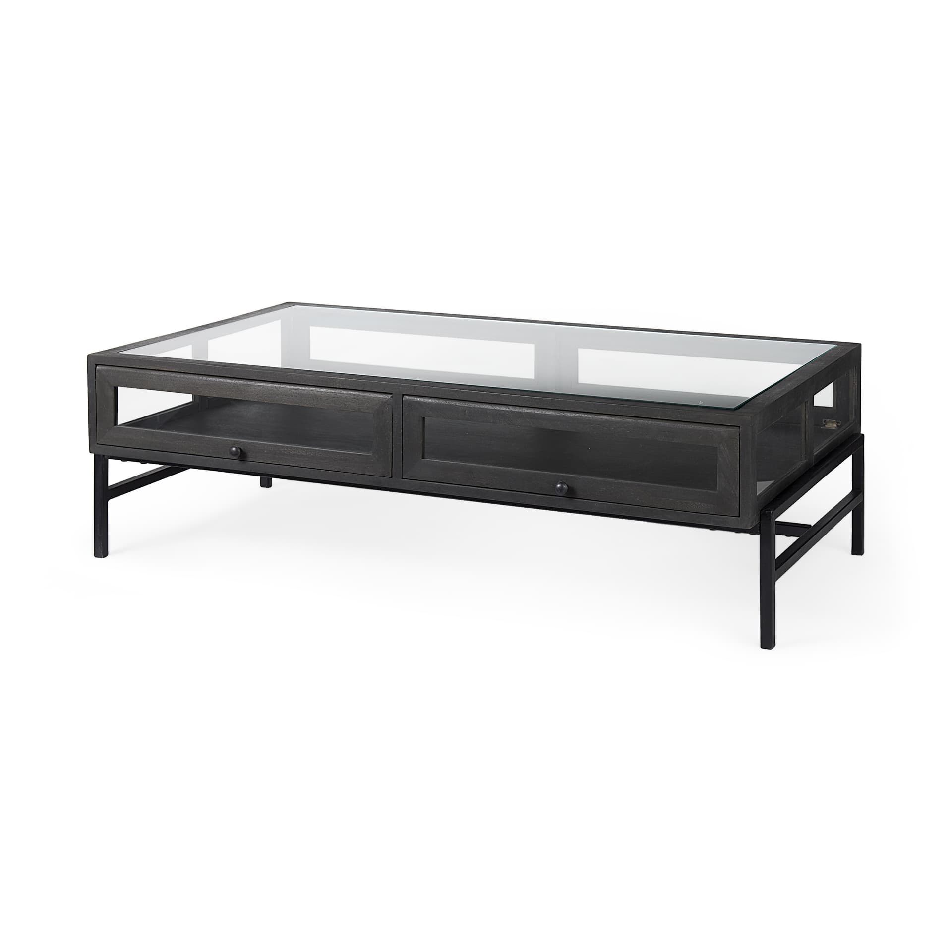 Arelius 49.5"L Rectangular Glass-Top Black-Brown Wood w/ Black Metal Base Display Coffee Table — product photograph