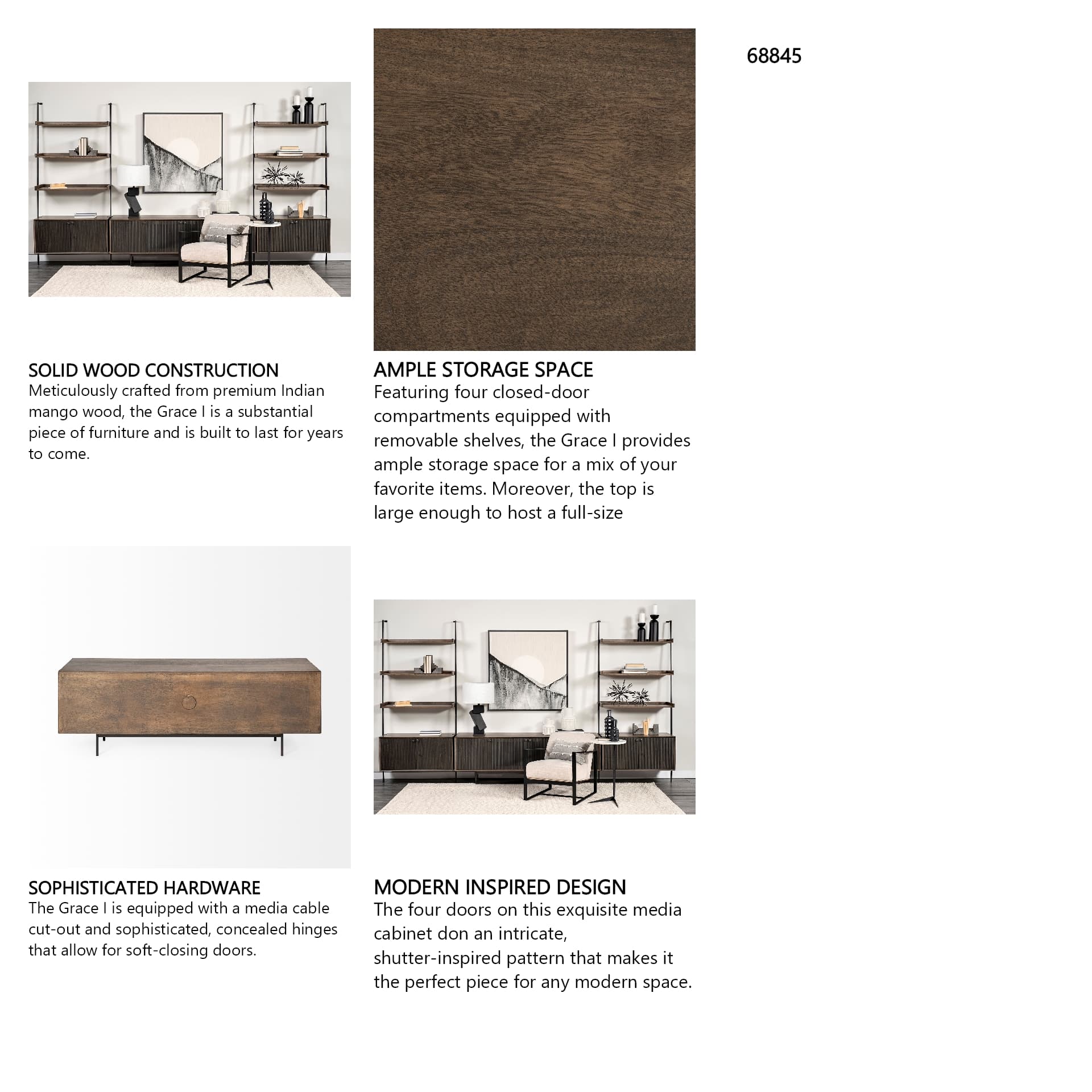 Grace I Two-Toned Brown Solid Wood TV Stand Media Console with Slated Doors, TV up to 82" — in a styled room