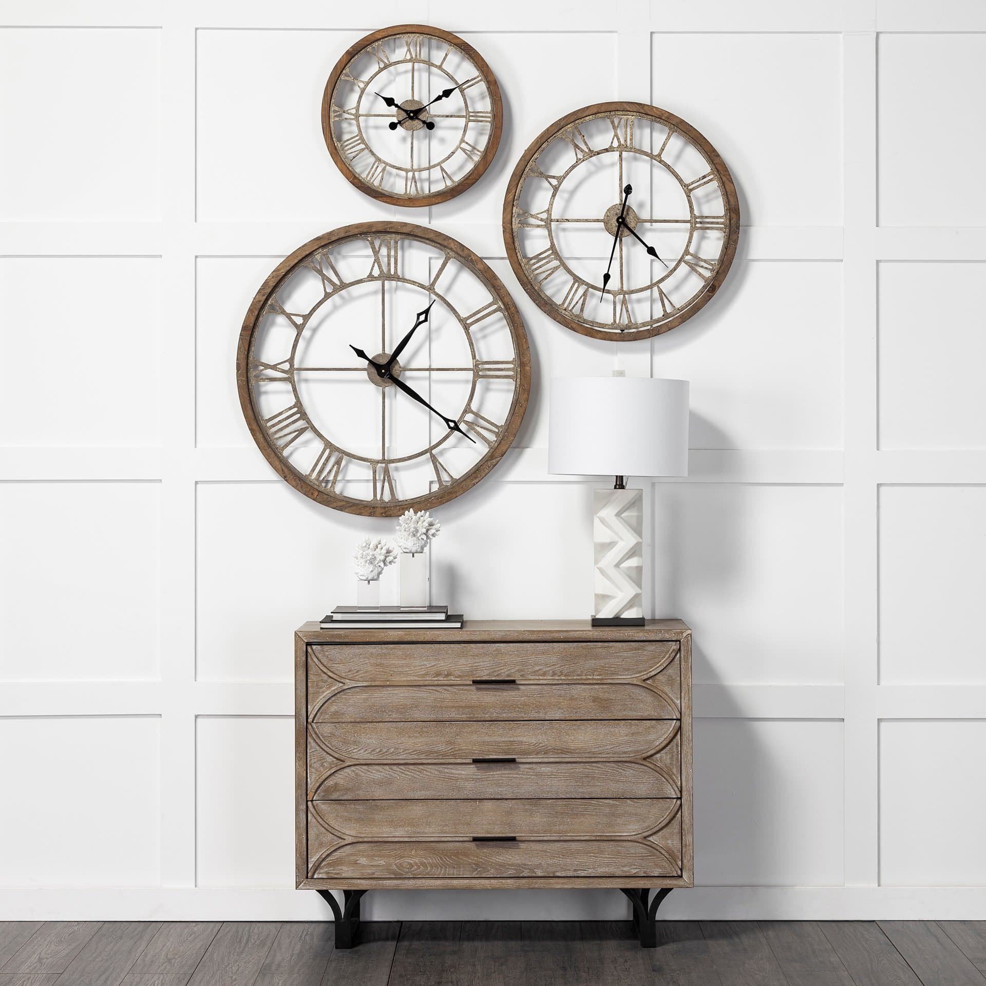 Mething Light Brown 31.5" Large Farmhouse Wall Clock — in a styled room