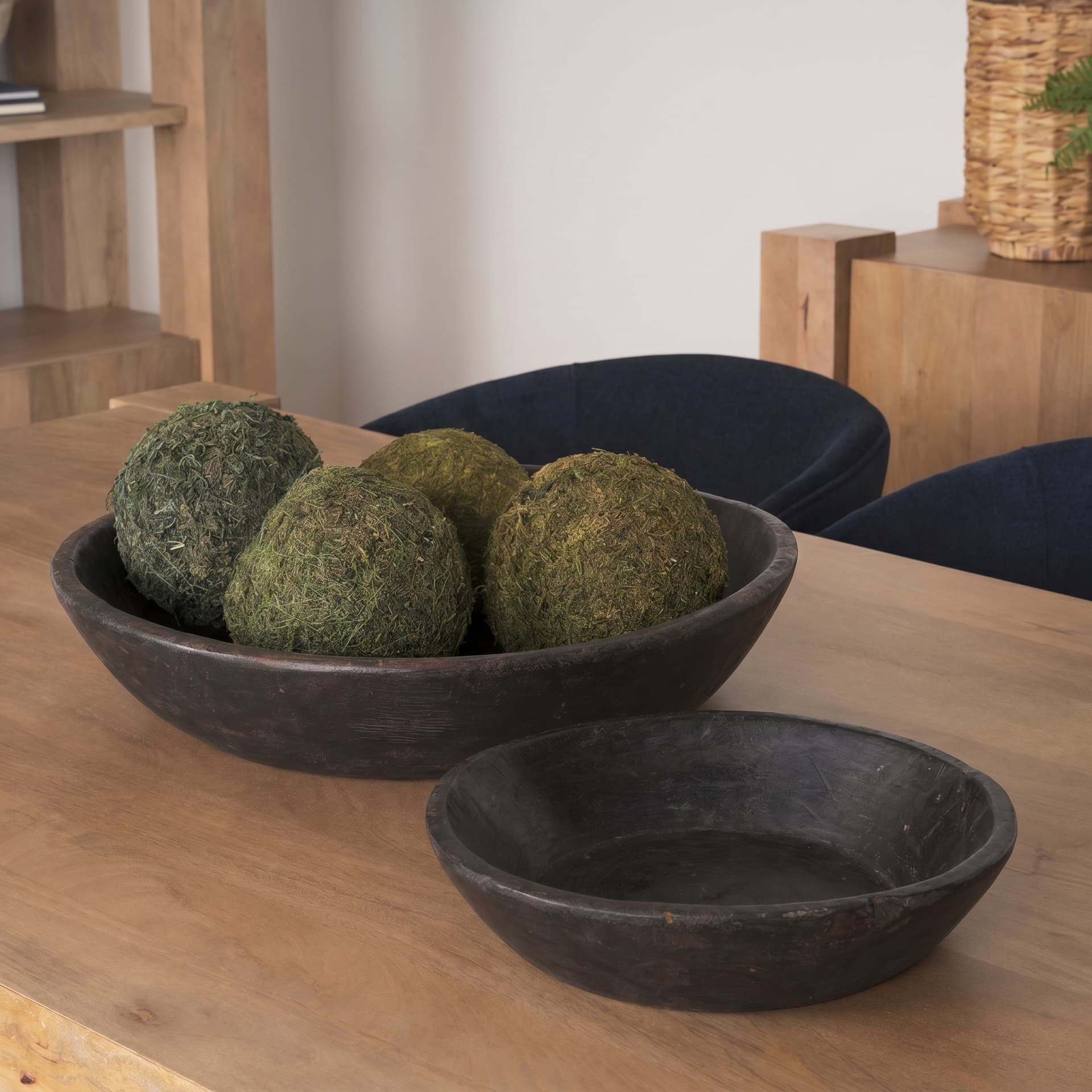 Nikita Set of 2 Large Black-Brown Reclaimed Wood Bowls — in a styled room