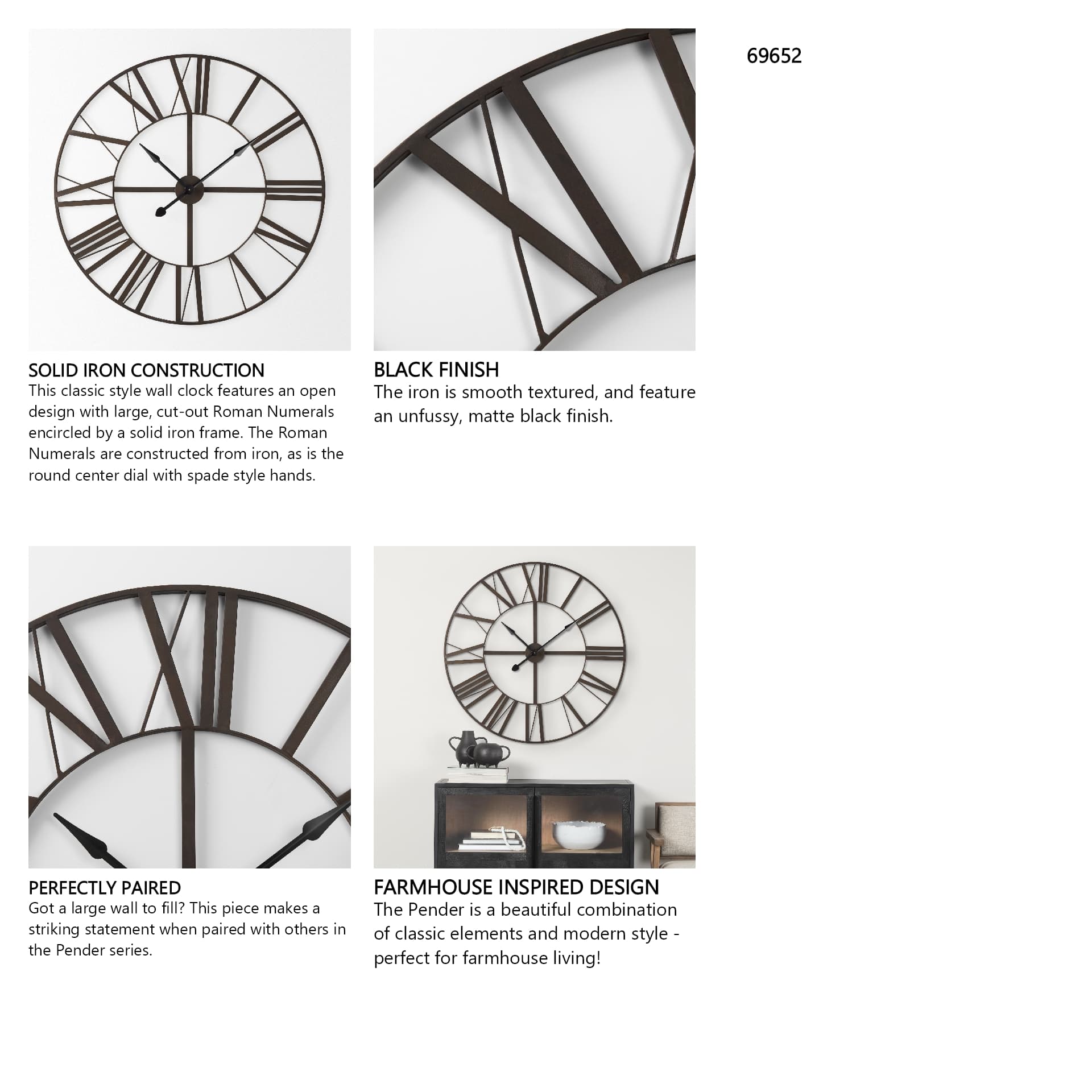 Pender 40.0L x 2.4W x 40.0H Black Iron Round Wall Clock — in a styled room