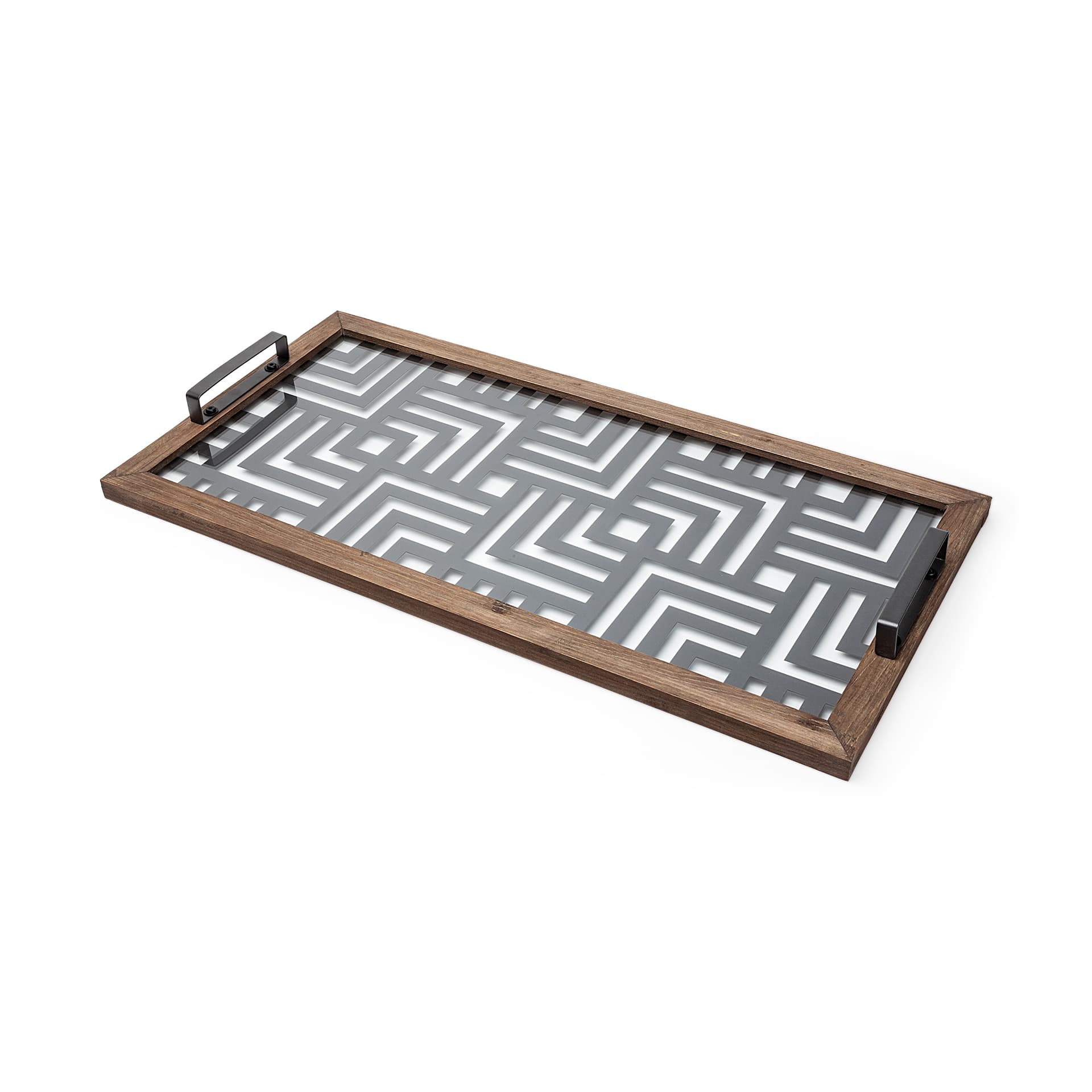 Fantuz 32L x 16W Gray Metal, Wood and Glass Serving Tray — product photograph