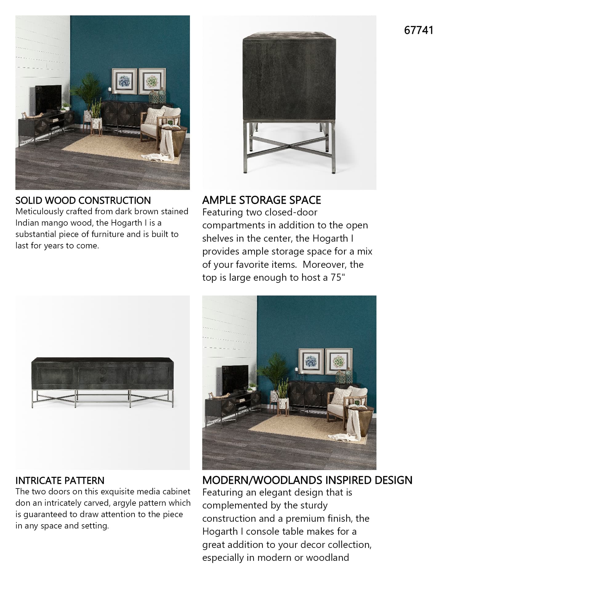 Hogarth I Dark Brown Solid Wood TV Stand Media Console with Storage, TV up to 81" — in a styled room