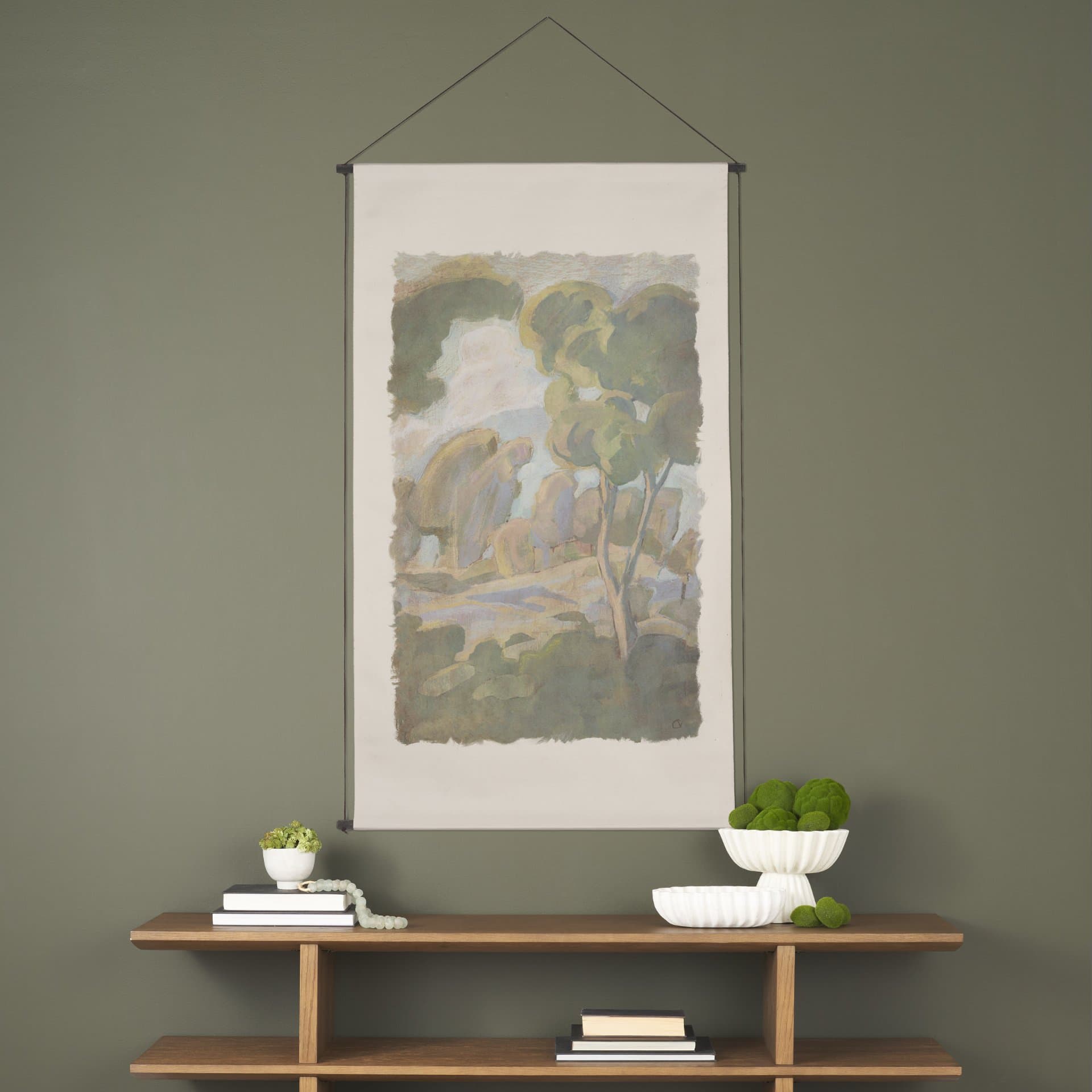 Landscape Tapestry II by Mercana Studio Textured Artwork Tapestry — in a styled room