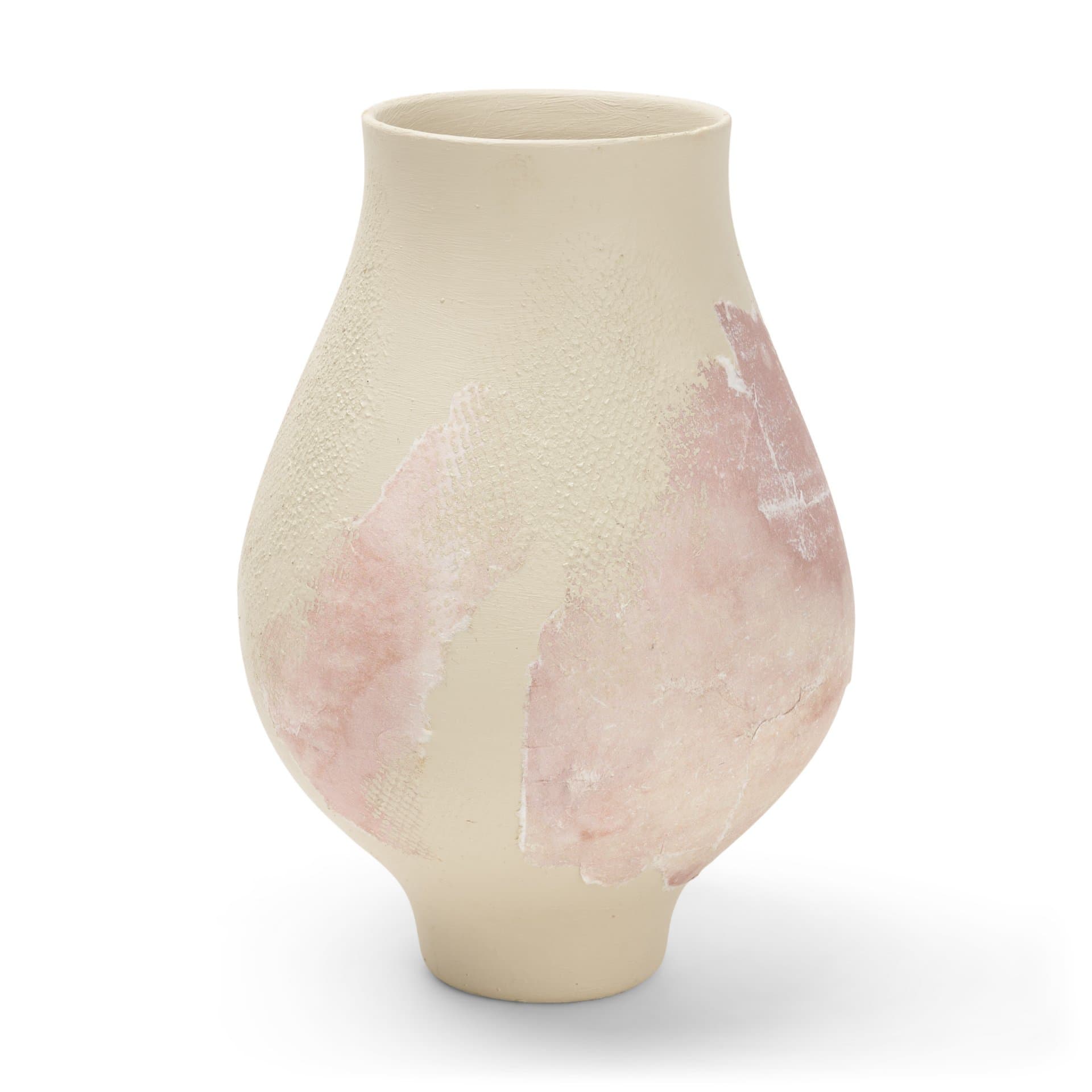 Velo Cream w/Blush Pink Hand-Painted Terracotta Decorative Vase — product photograph