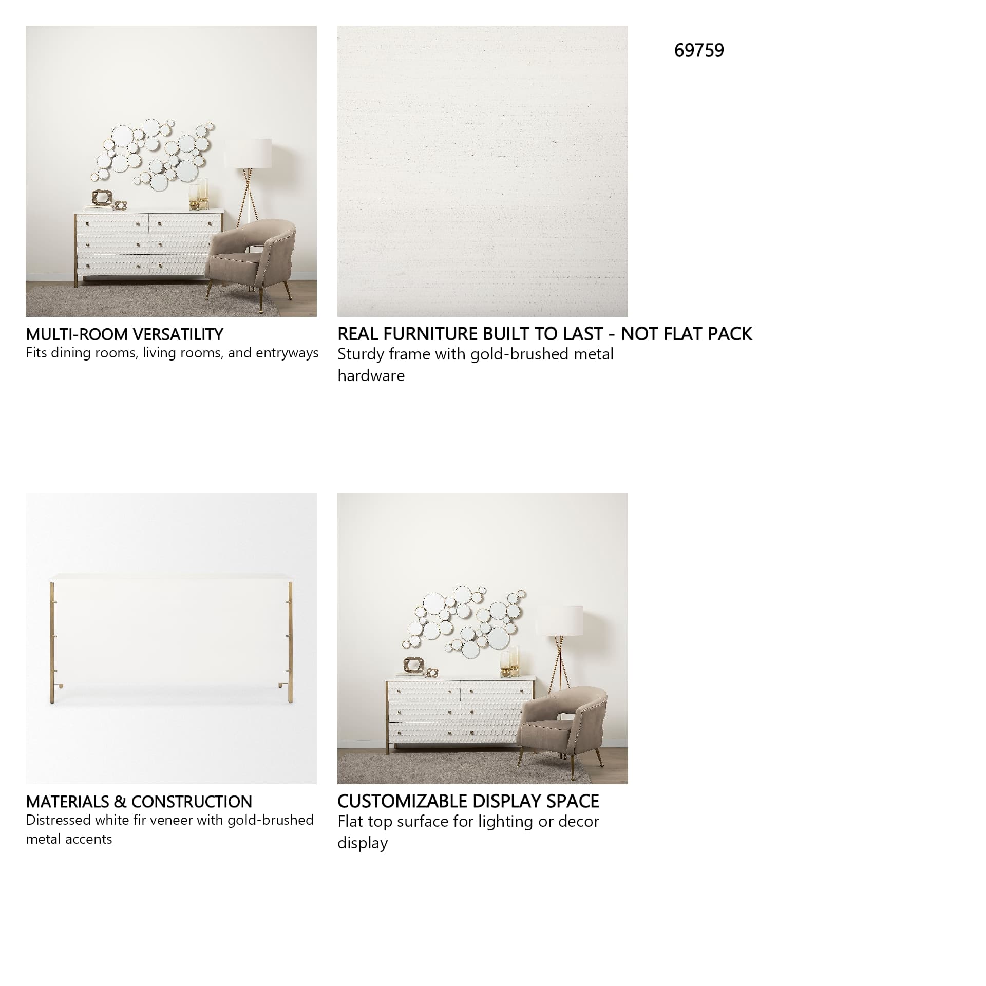 Savannah White Fir Veneer w/ Gold Metal Accents 6-Drawer Sideboard — in a styled room